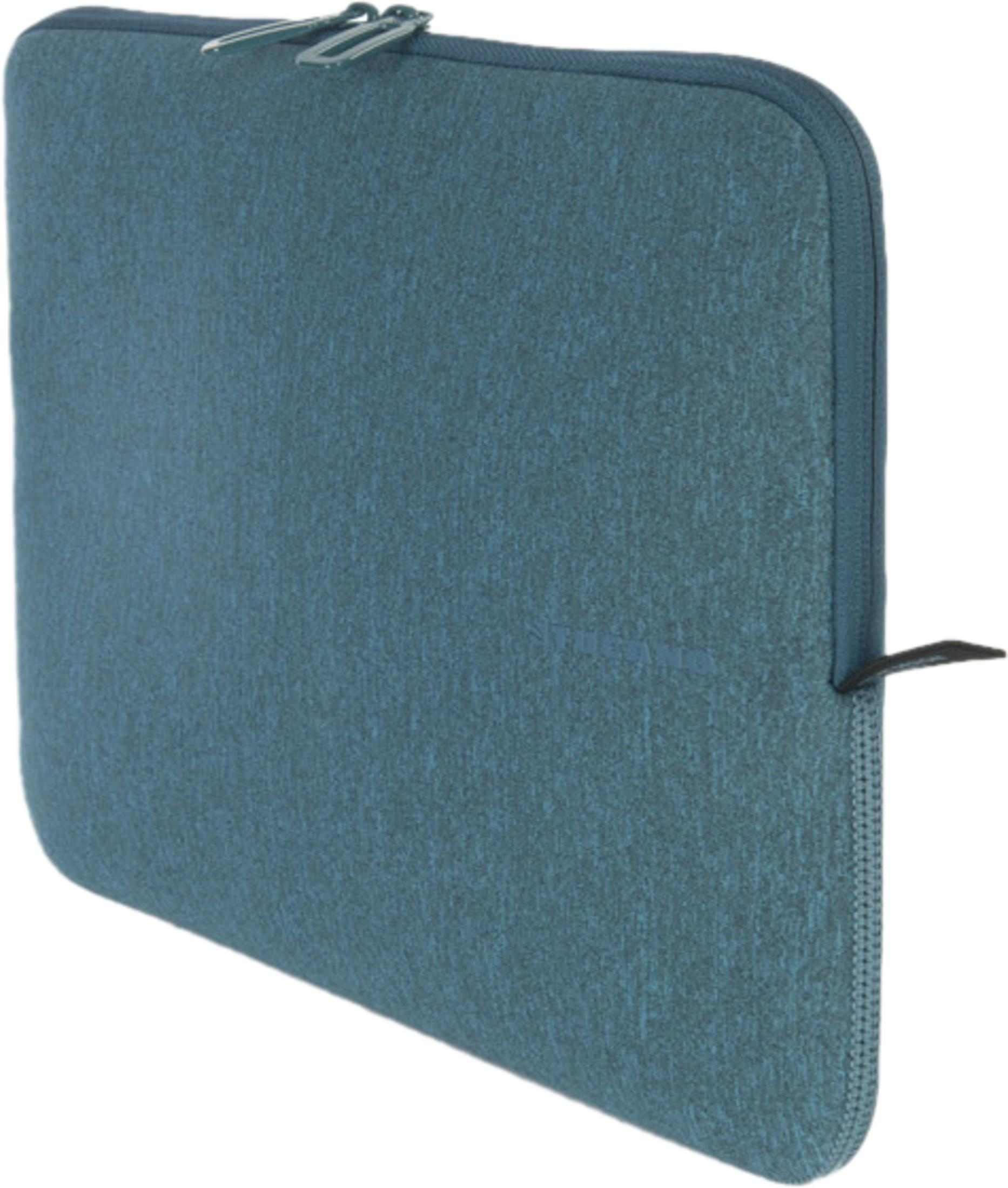 Una custodia blu per laptop con cerniera e piccolo tiretto.