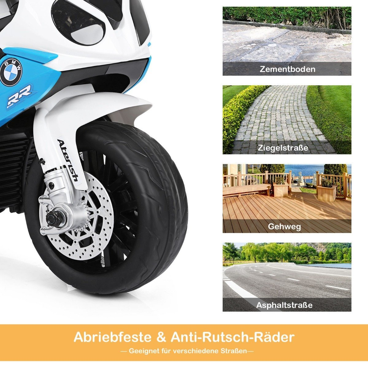 Primer plano de una motocicleta blanca y azul con varias superficies de carretera al fondo.