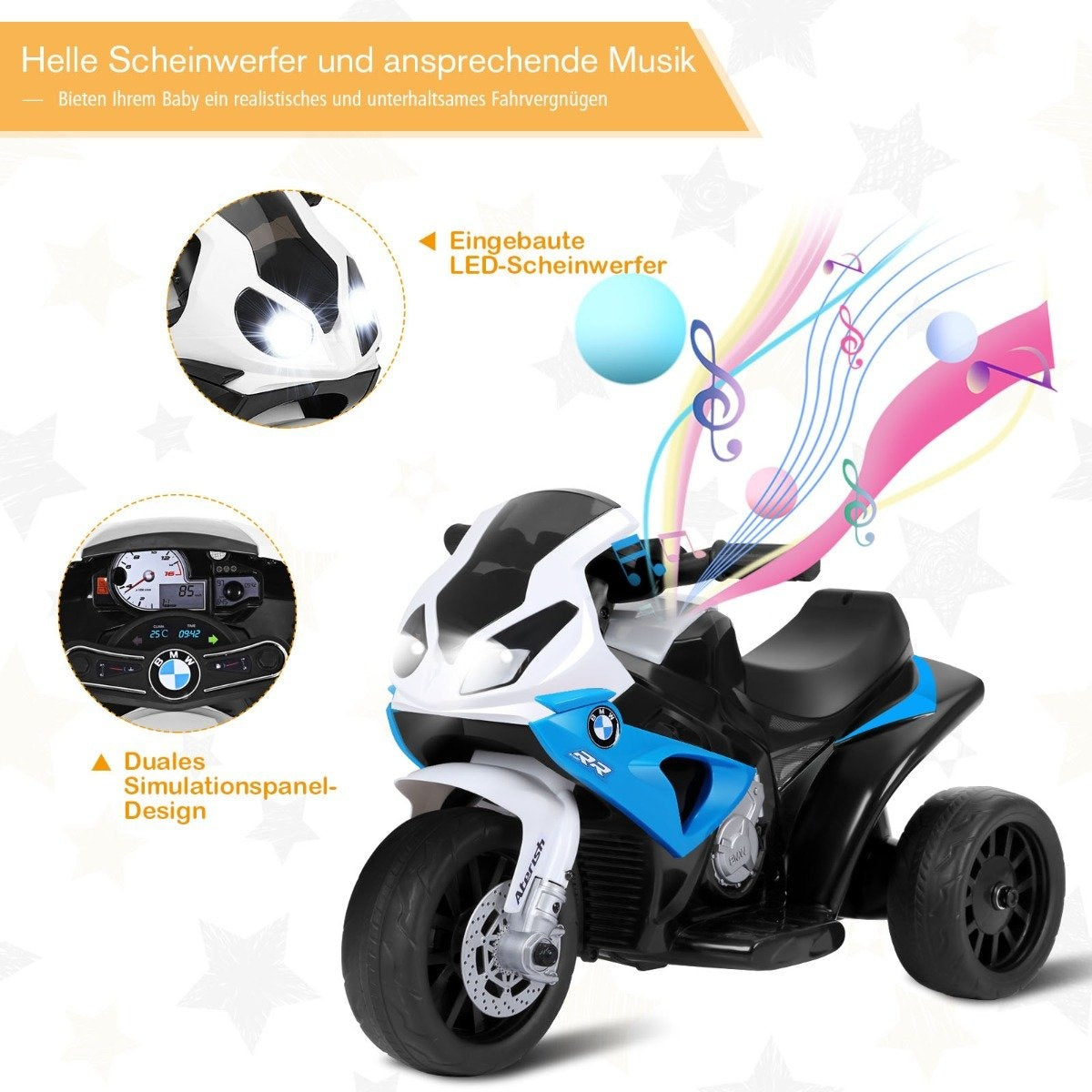 Una moto infantil azul y blanca con faros LED y símbolos musicales.