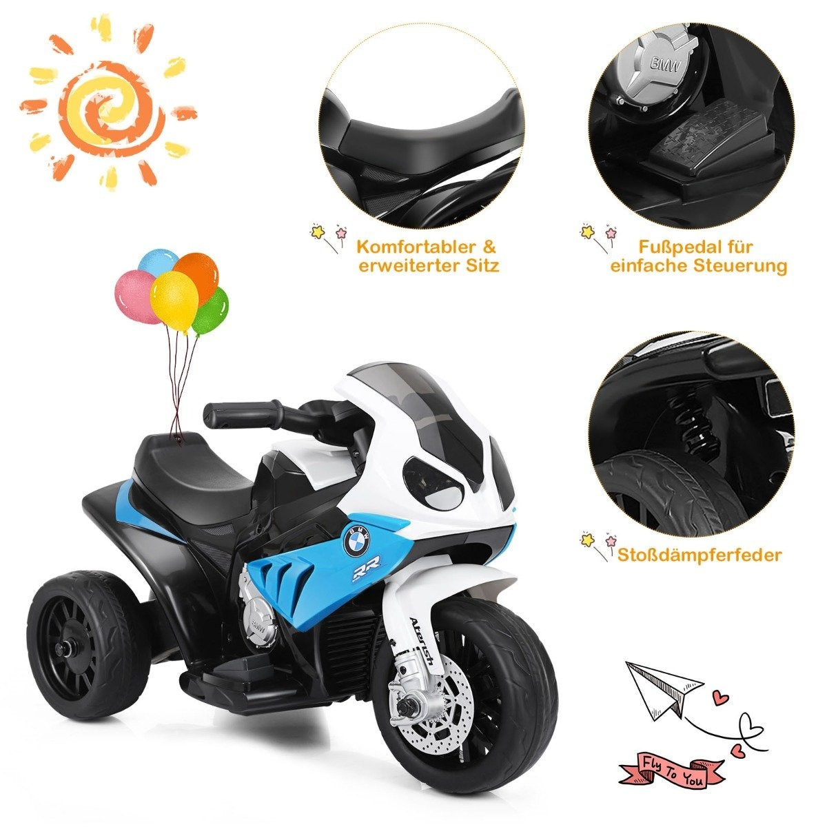 Una moto eléctrica de juguete azul y blanca con globos, sol y vistas detalladas.