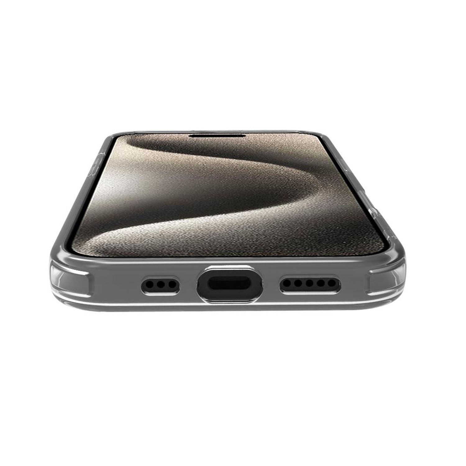 Una custodia trasparente con accenti argentati su uno smartphone.