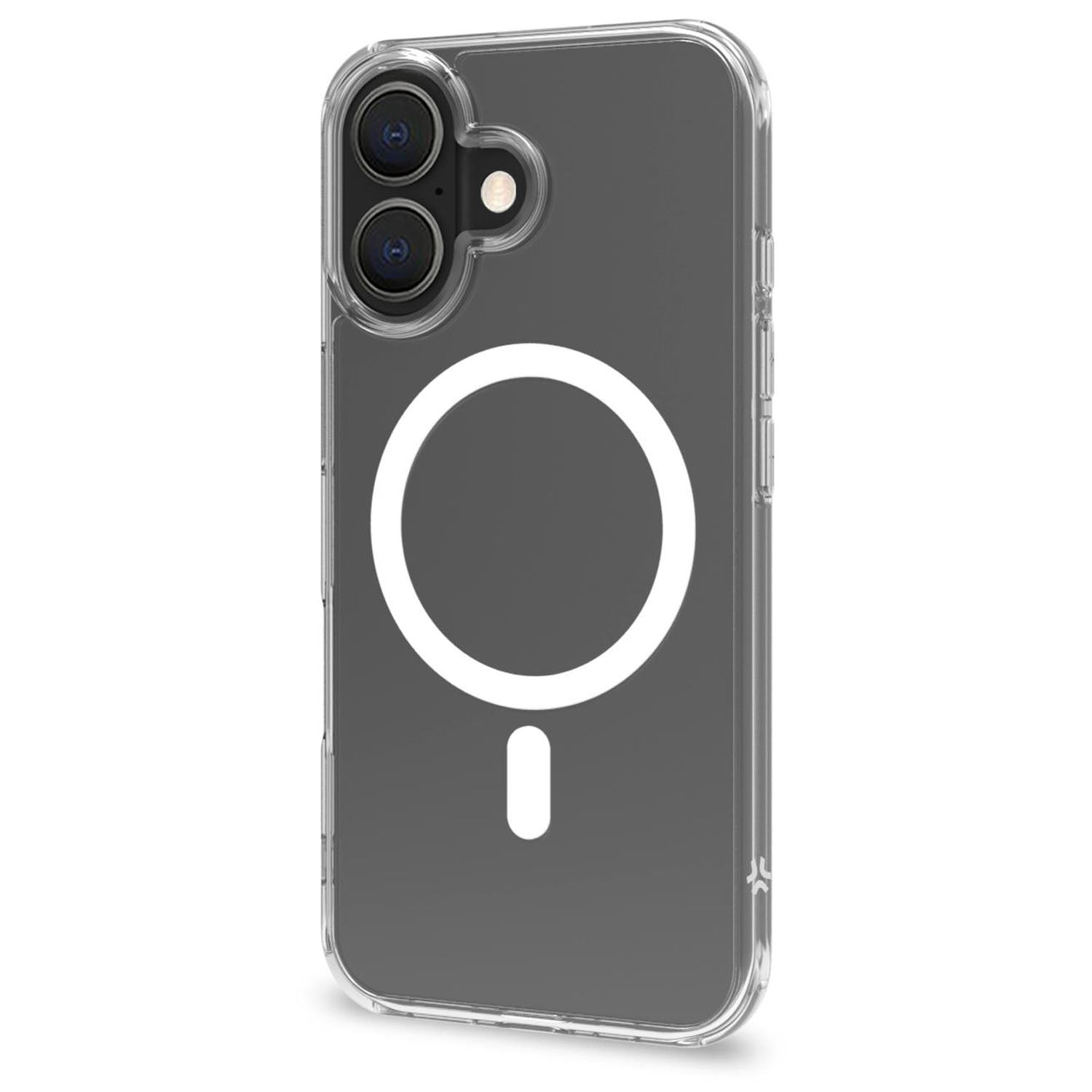 Custodia trasparente per telefono con motivo a cerchio e trattino bianco.