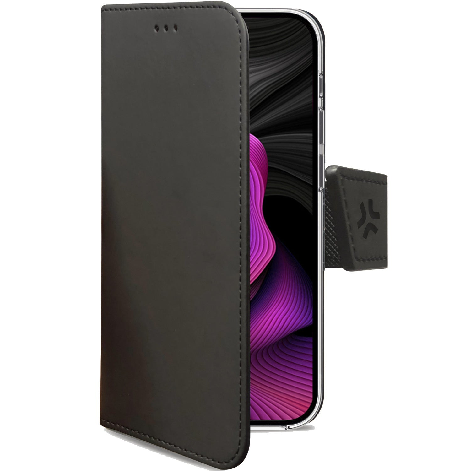 Custodia a libro in pelle nera con smartphone che mostra uno sfondo rosa e viola.