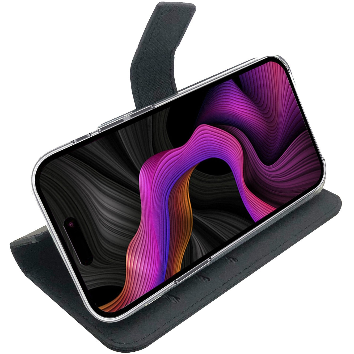 Uno smartphone nero in una custodia mostra uno sfondo astratto viola e arancione.