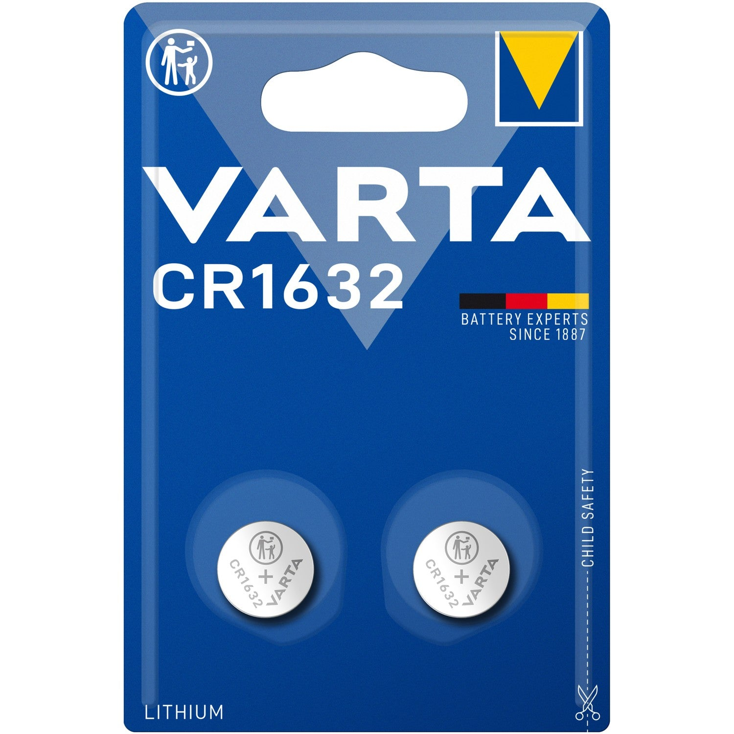 Varta CR1632 lithium batterijpakket met twee knoopcelbatterijen.