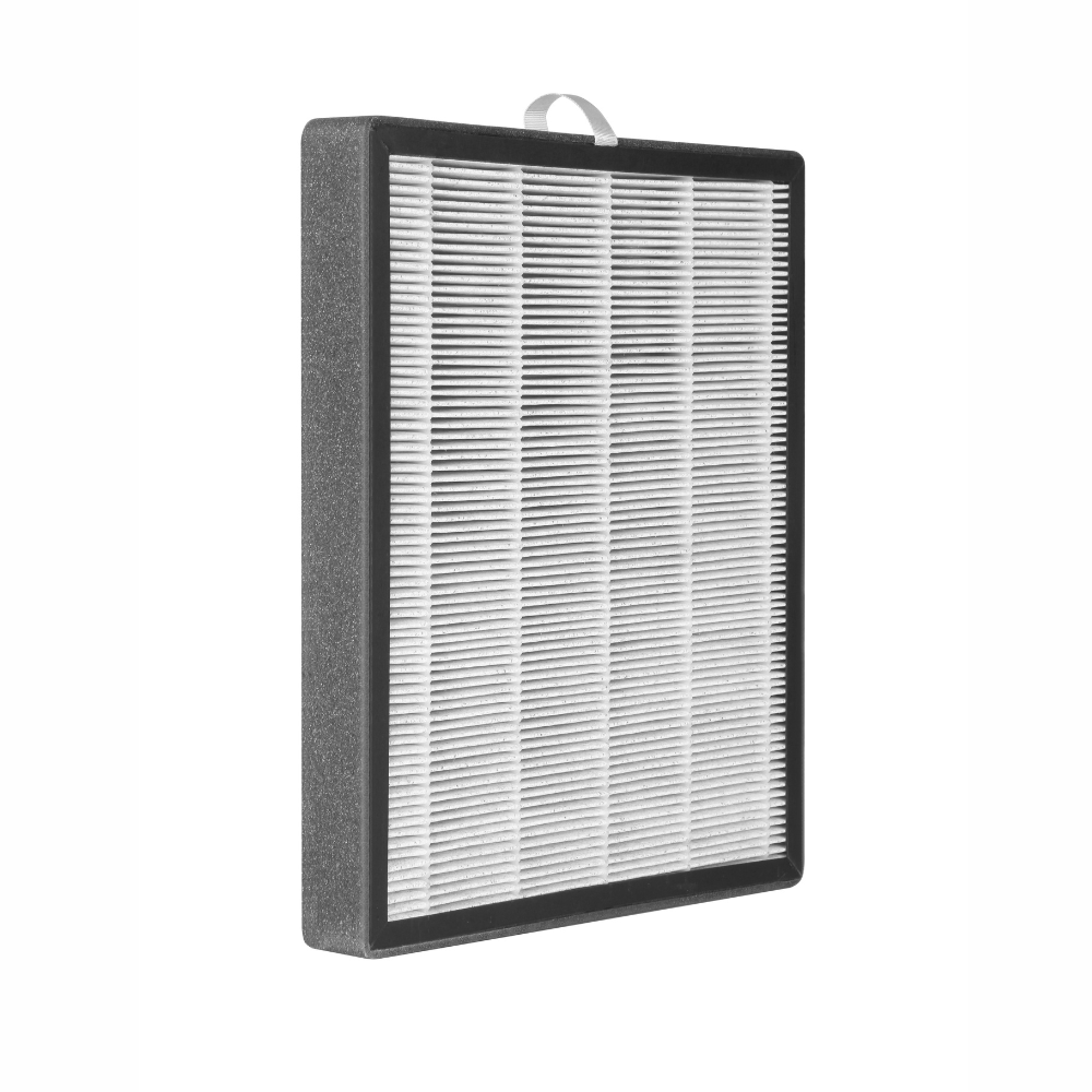 Een rechthoekige luchtfilter met zwart frame en wit filtermedium.