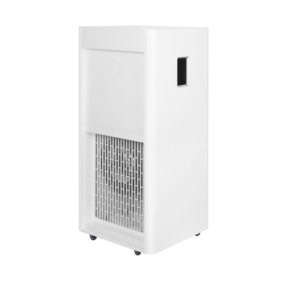 Een witte, draagbare airconditioner/koeler op wielen.