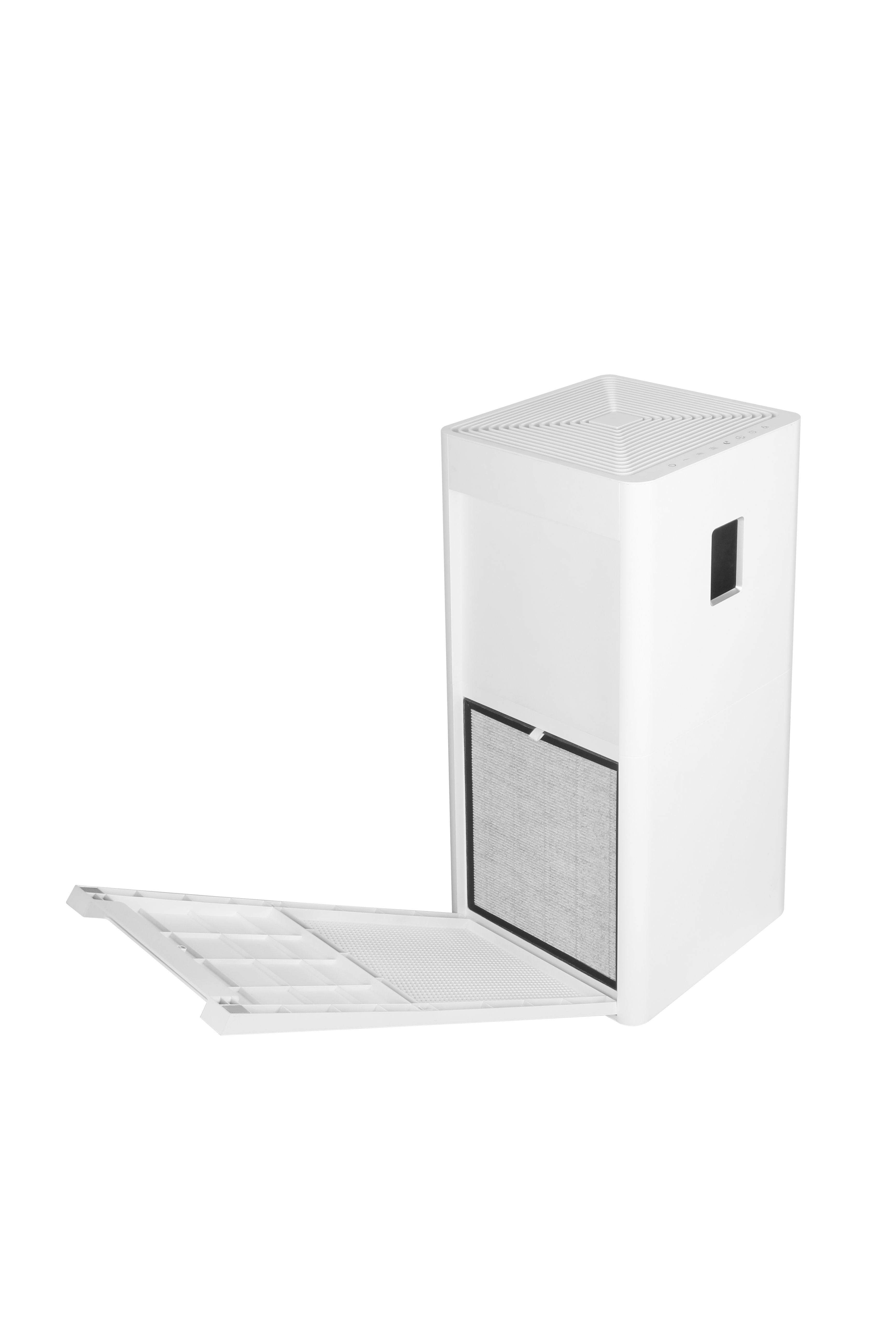 Een witte luchtreiniger met uitgetrokken filtervak en filter.