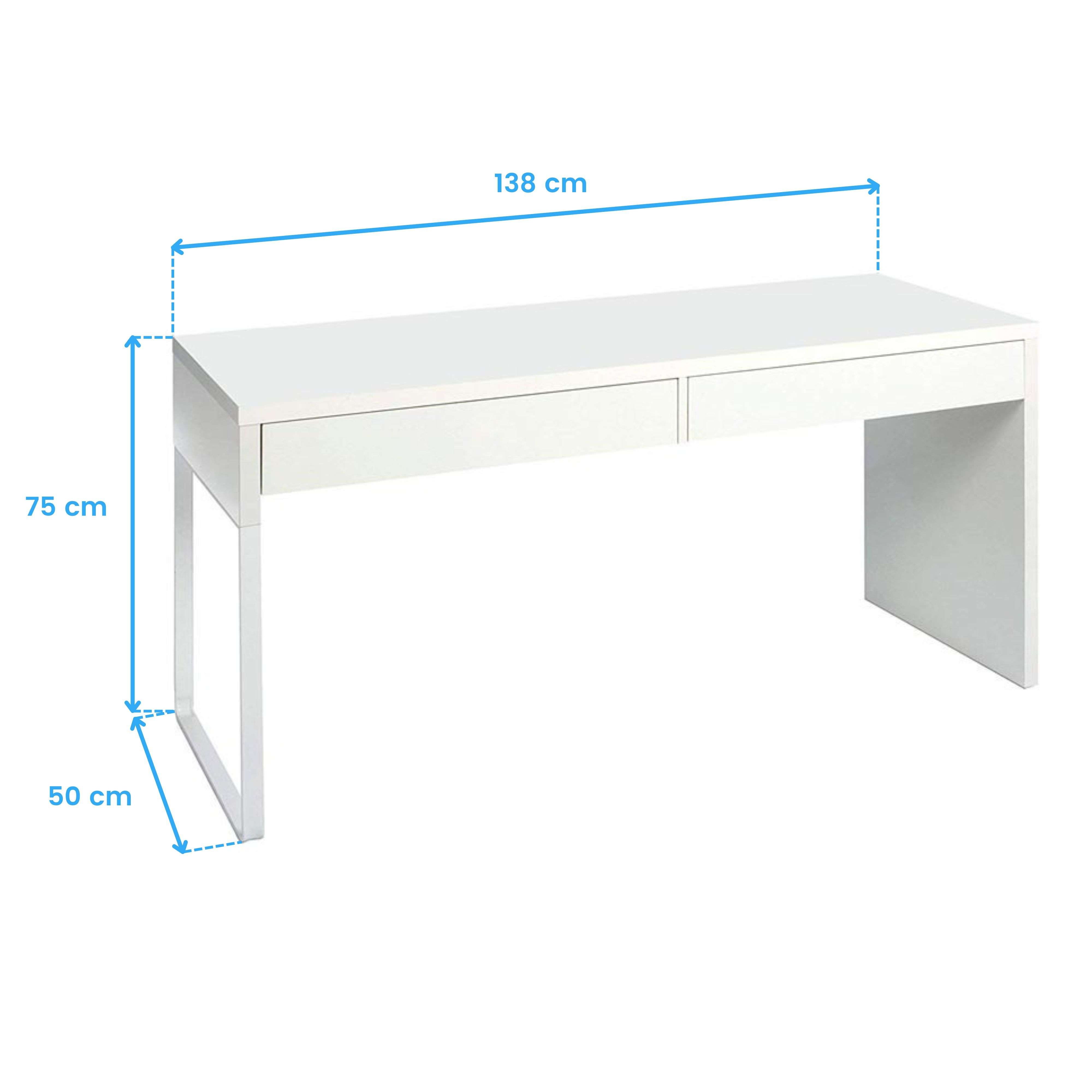 Escritorio blanco con dos cajones, dimensiones 138x75x50 cm.