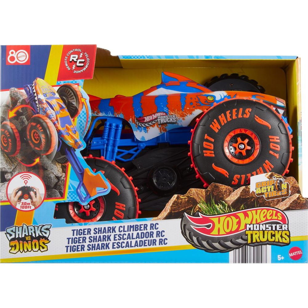 Zabawka Hot Wheels Tiger Shark RC Monster Truck w pudełku z motywem rekina.