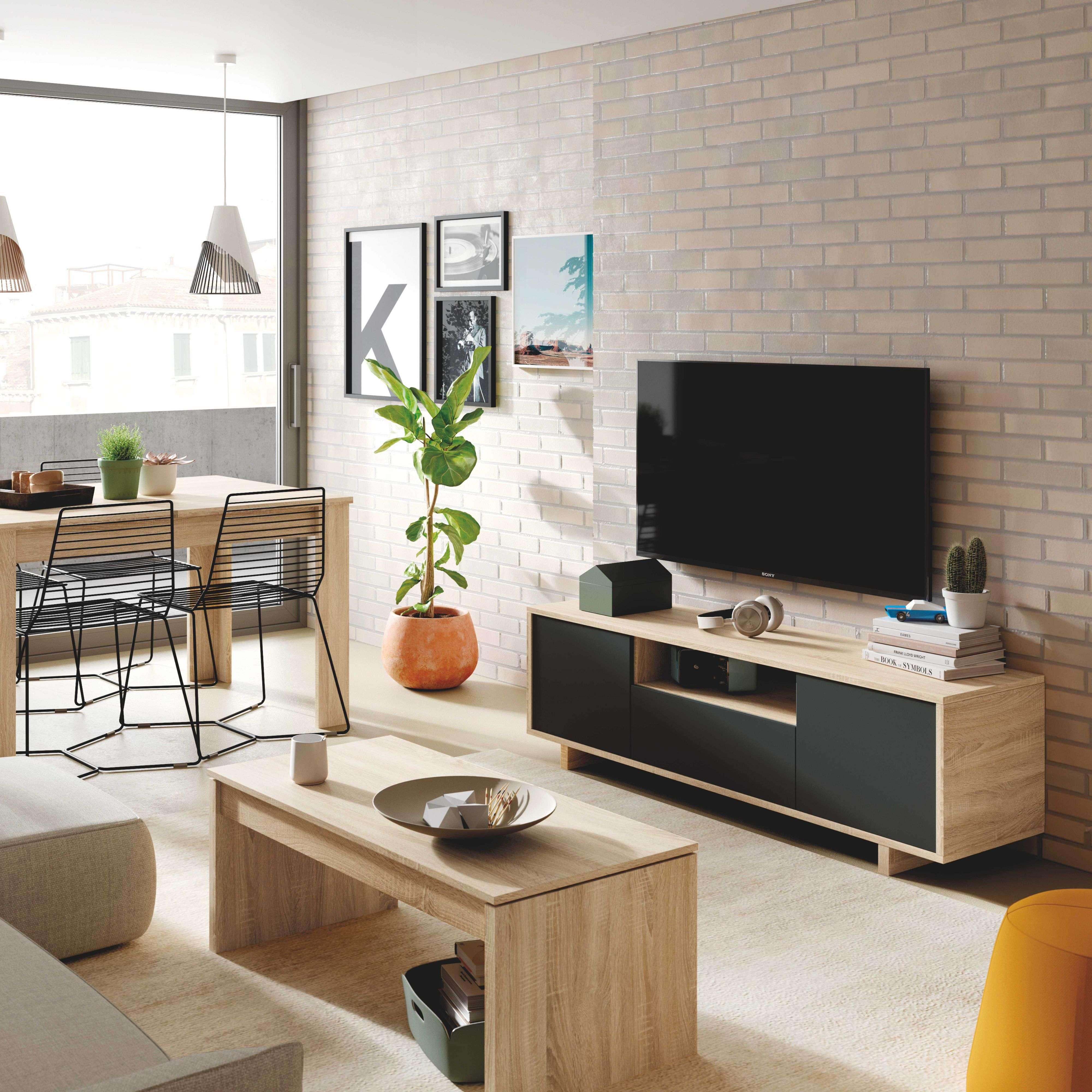 Sala de estar moderna con comedor, mesa de madera, sillas, mueble de TV y plantas.