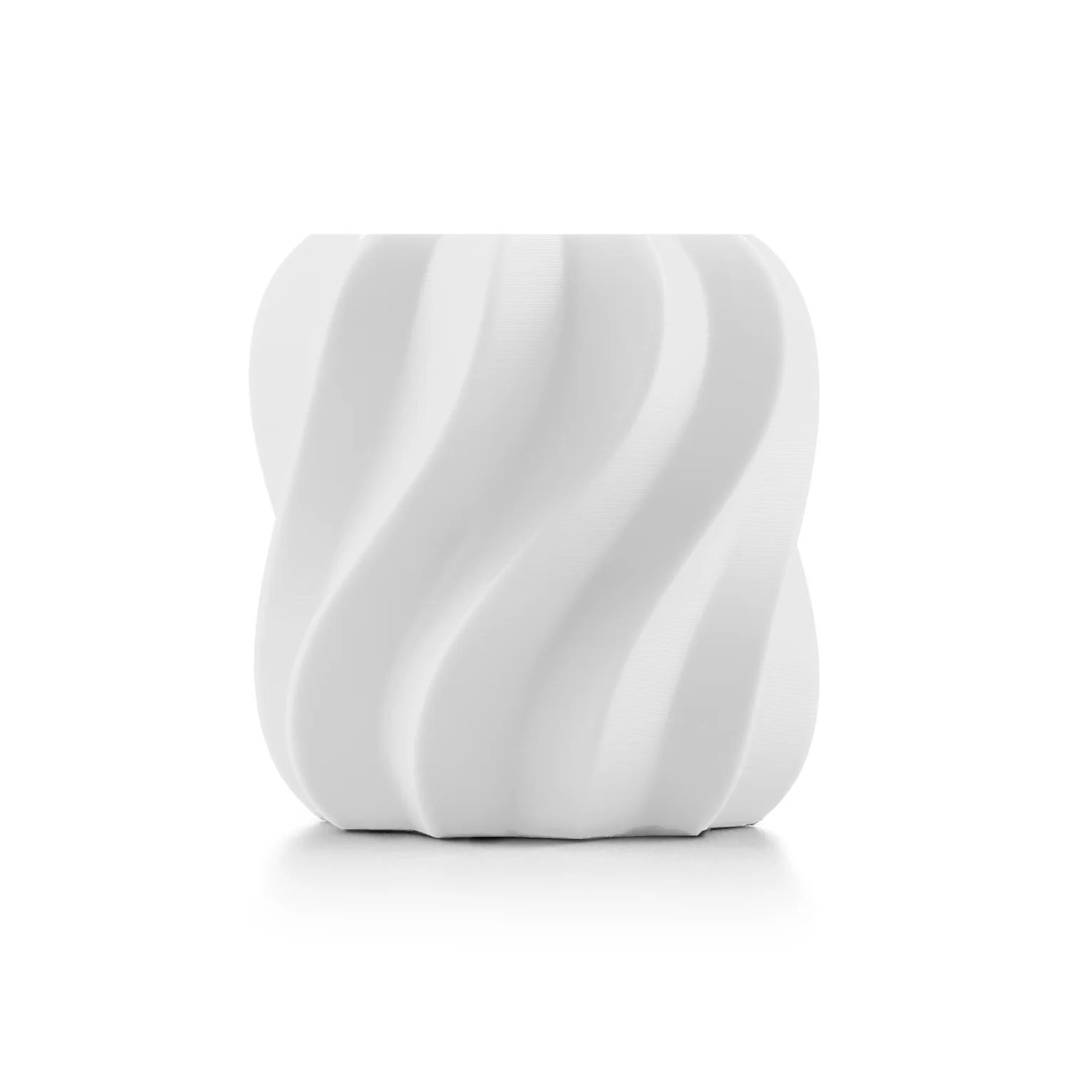 Un contenitore bianco con texture a spirale su sfondo bianco.