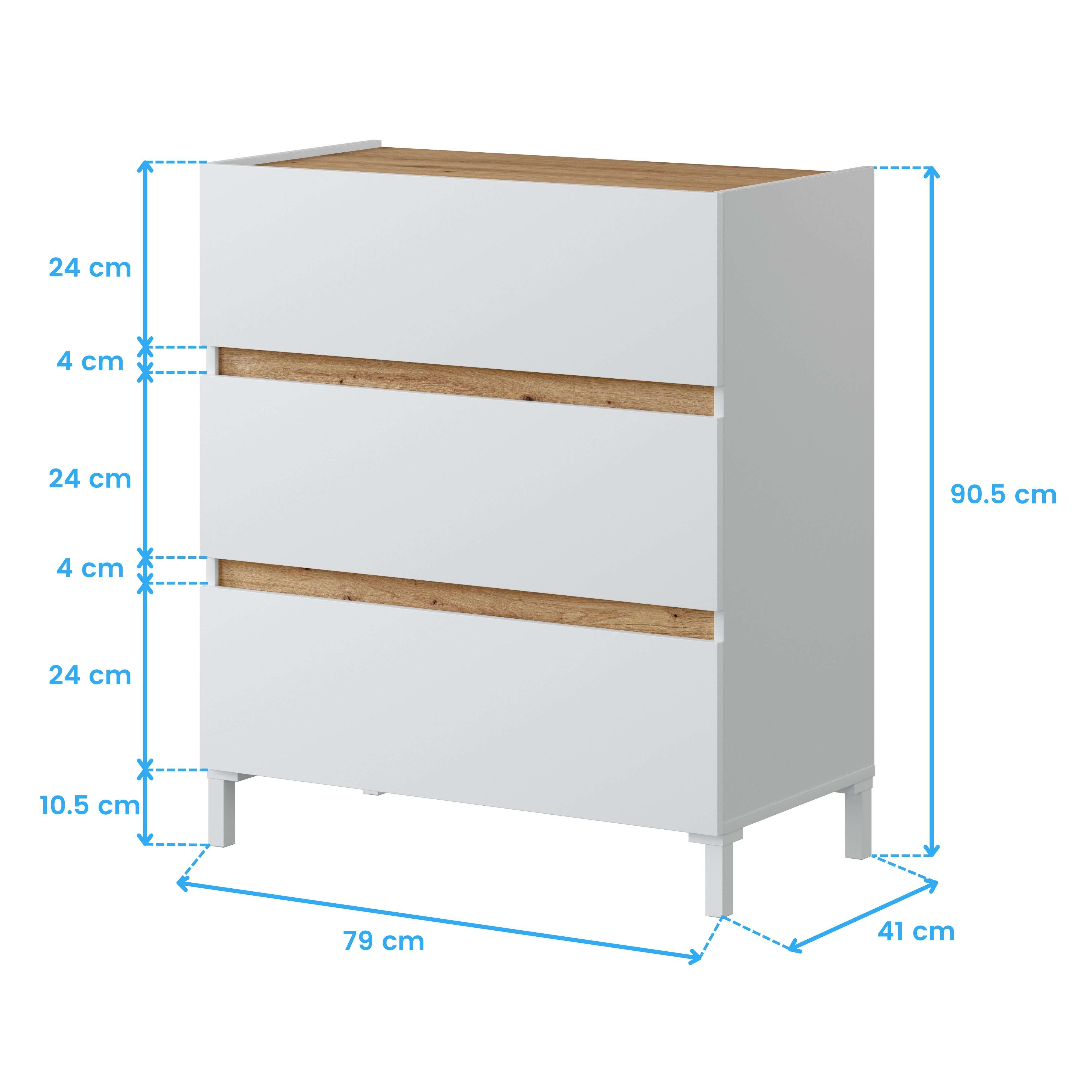 Cómoda blanca con detalles de madera y medidas. Ancho 79cm, alto 90.5cm.