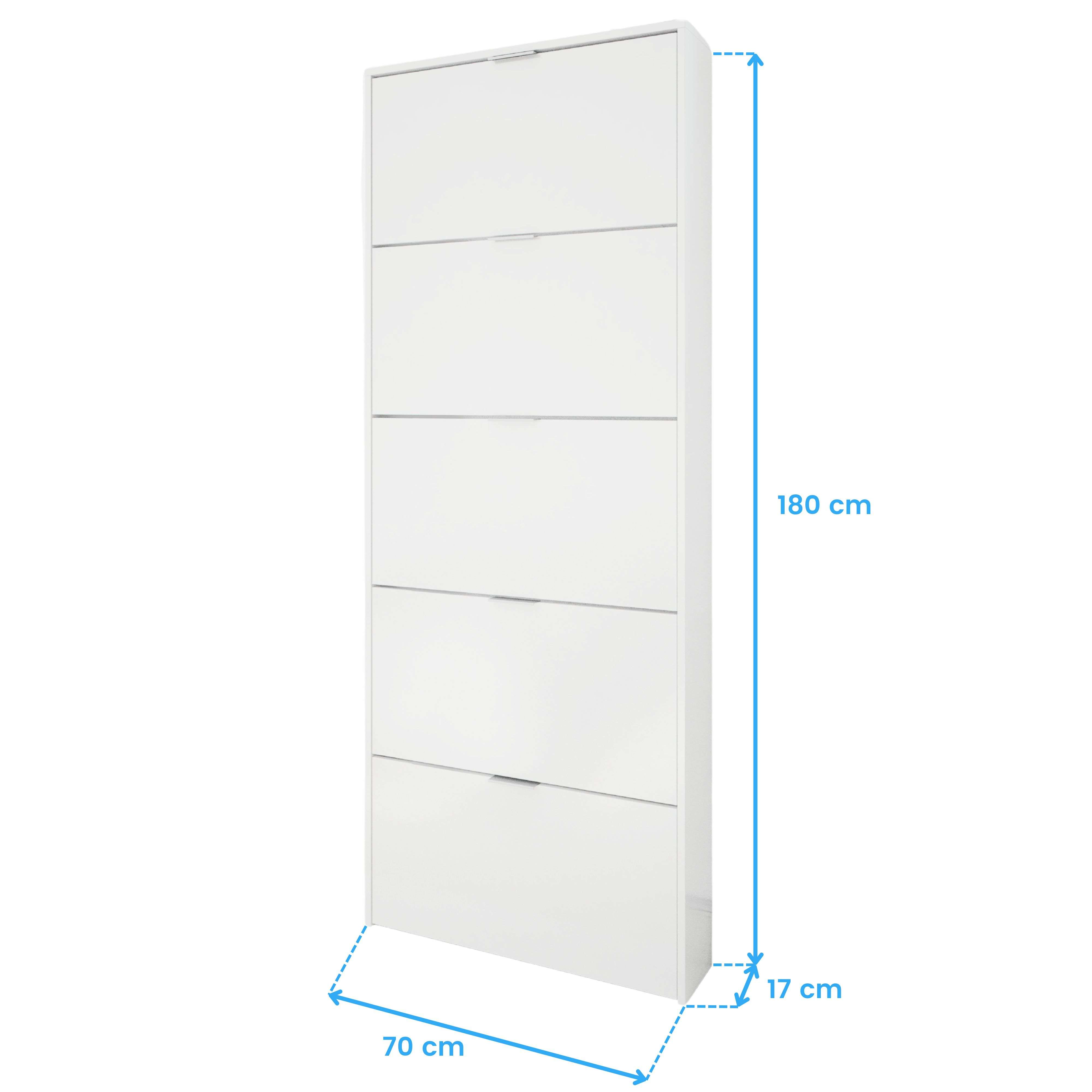 Un mueble blanco y estrecho para zapatos con cinco puertas abatibles.