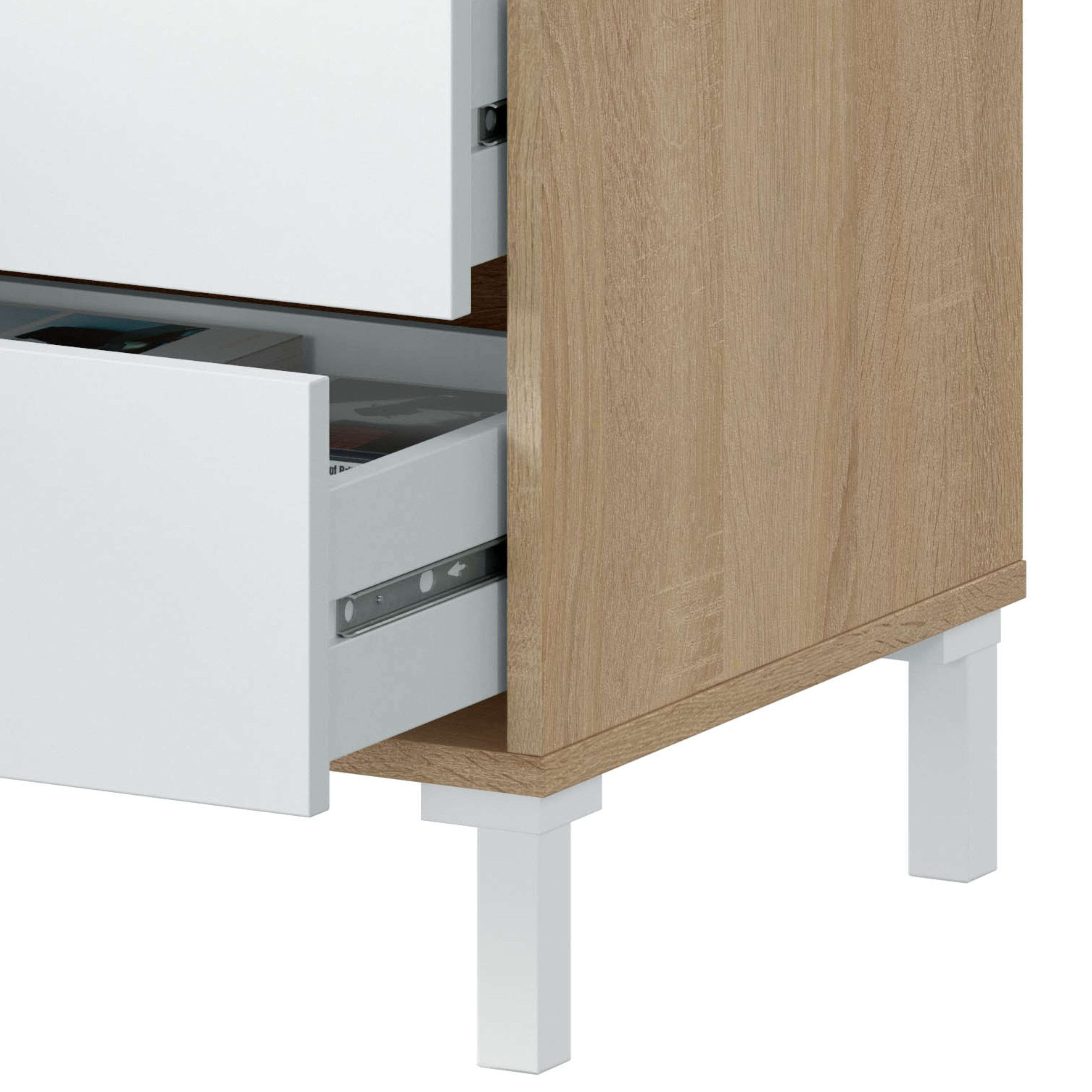 Frentes de cajón blancos con veta de madera y patas blancas sobre fondo blanco.