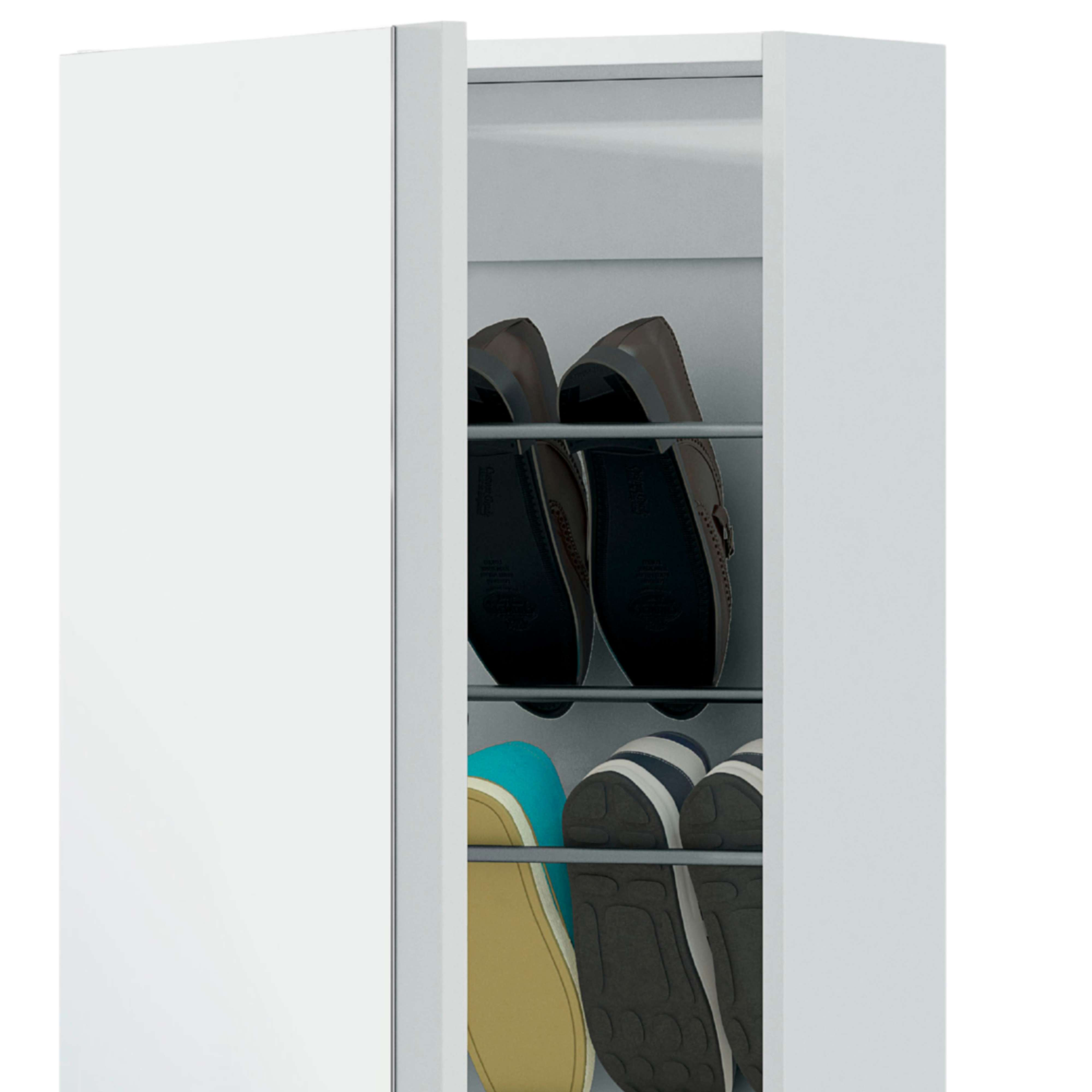 Un zapatero blanco con estantes que contienen varios zapatos.