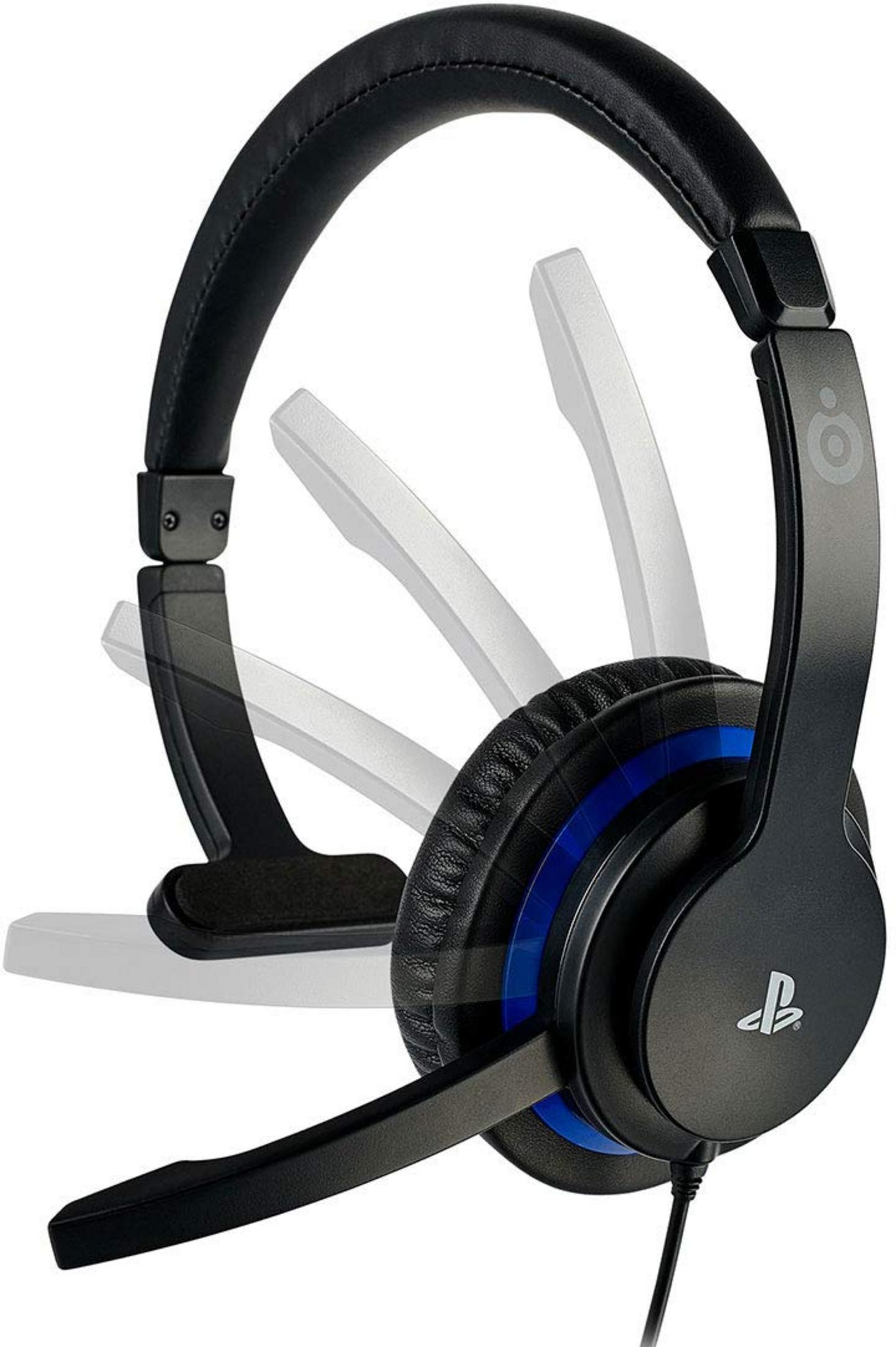 Schwarzer Gaming-Kopfhörer mit Mikrofon und blauen Akzenten auf weißem Hintergrund.