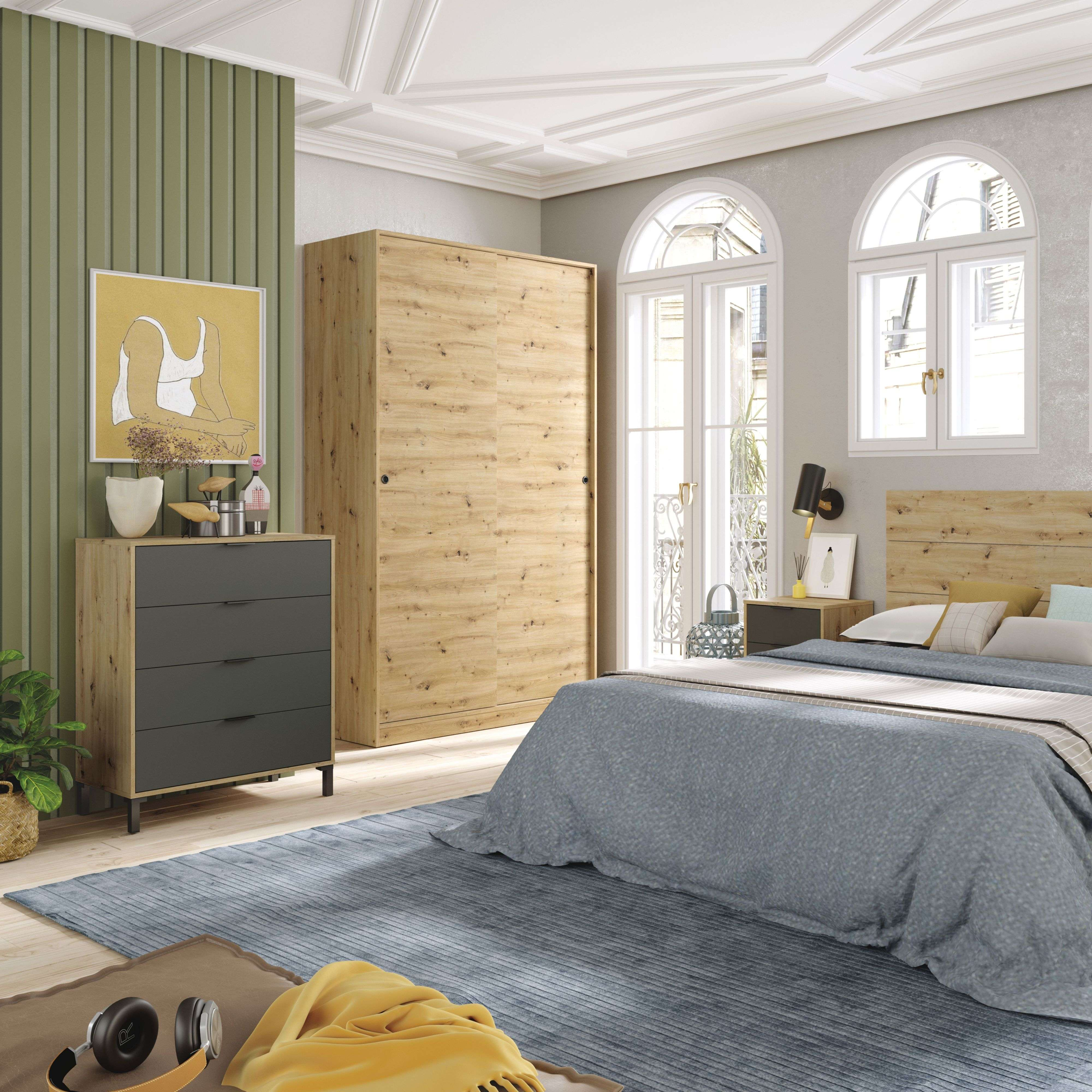 Dormitorio moderno con cama de madera, armario, cómoda y ventanas.