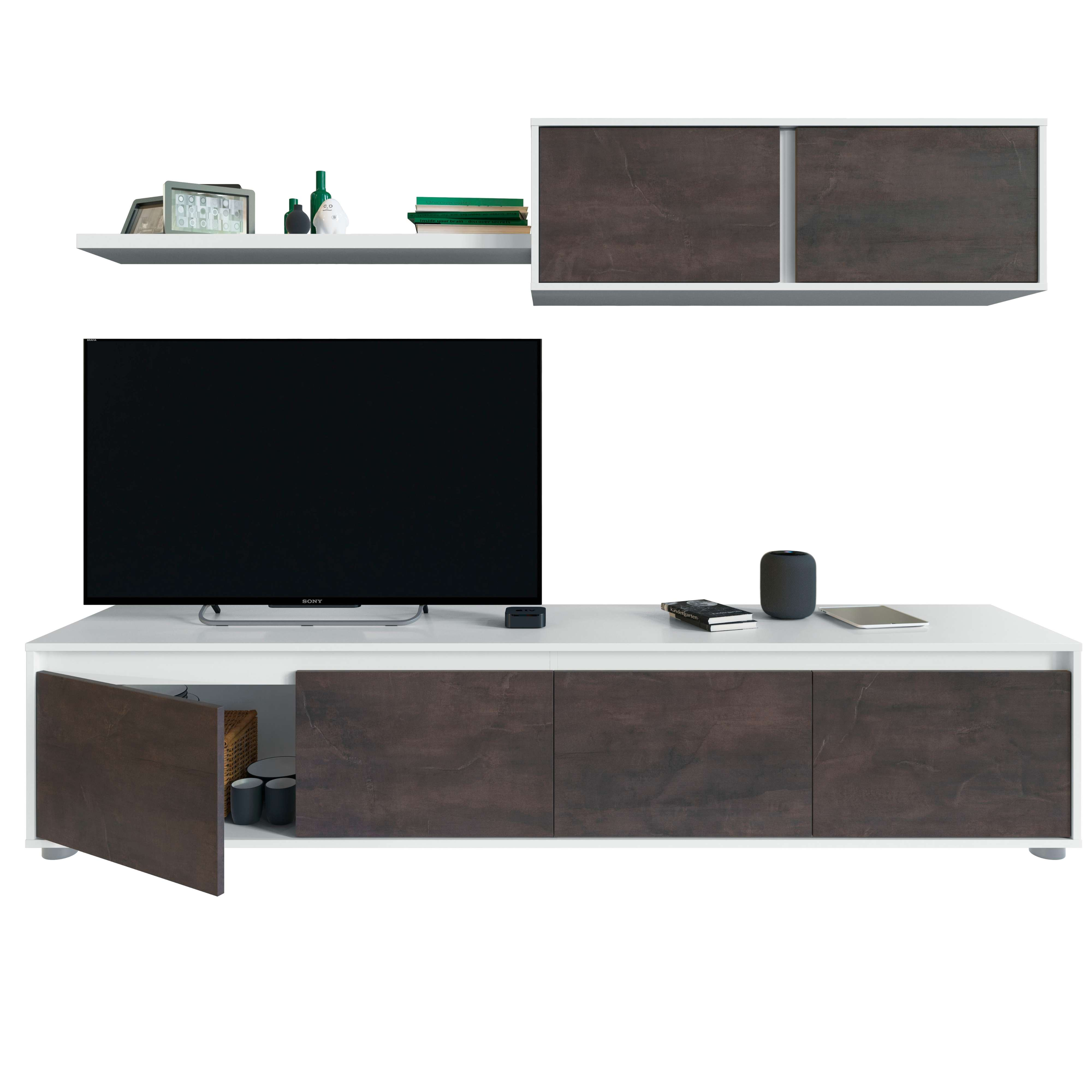 Un mueble de TV blanco con frentes oscuros, un televisor, altavoz y tablet encima.
