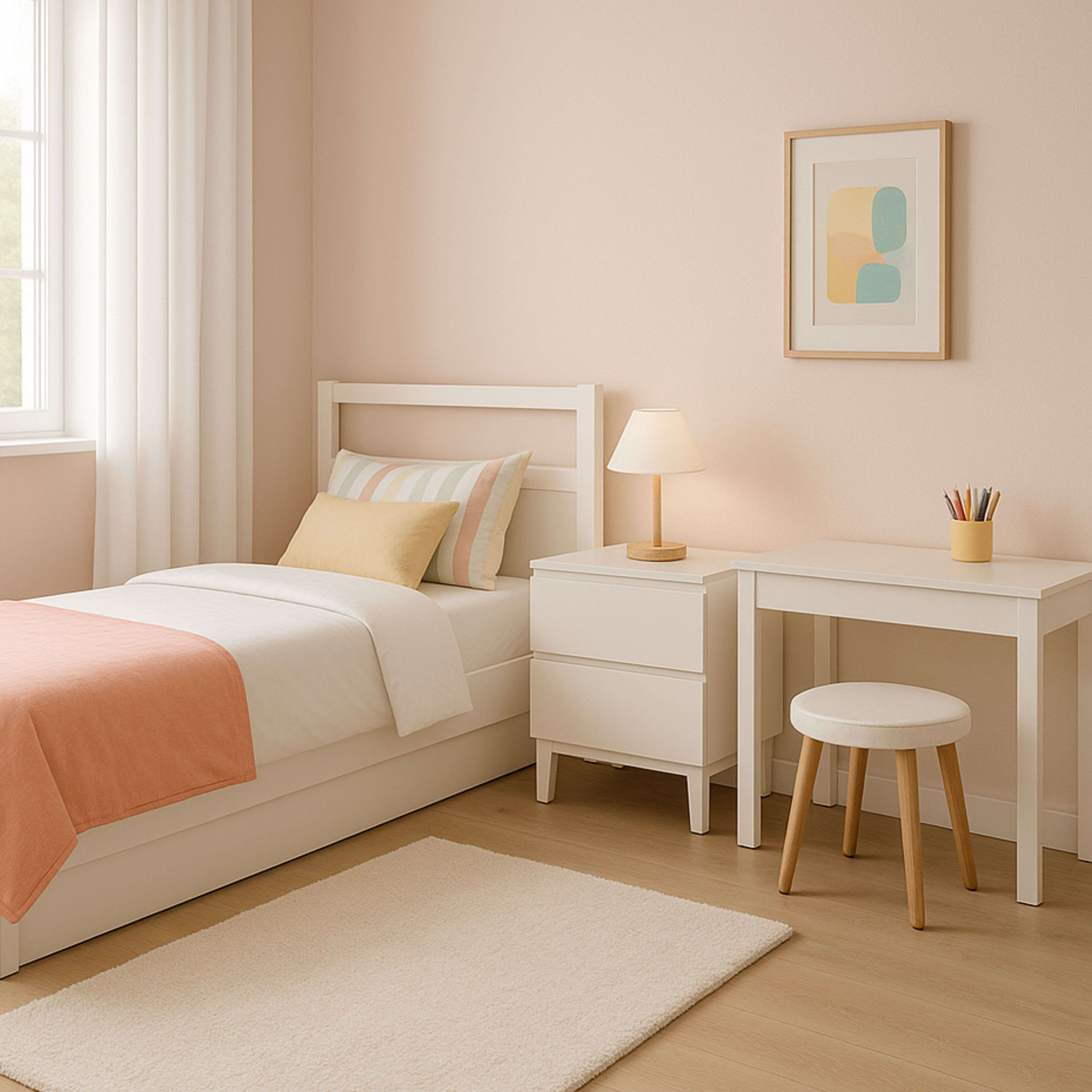 Una cama blanca con manta naranja, mesita, escritorio y taburete.