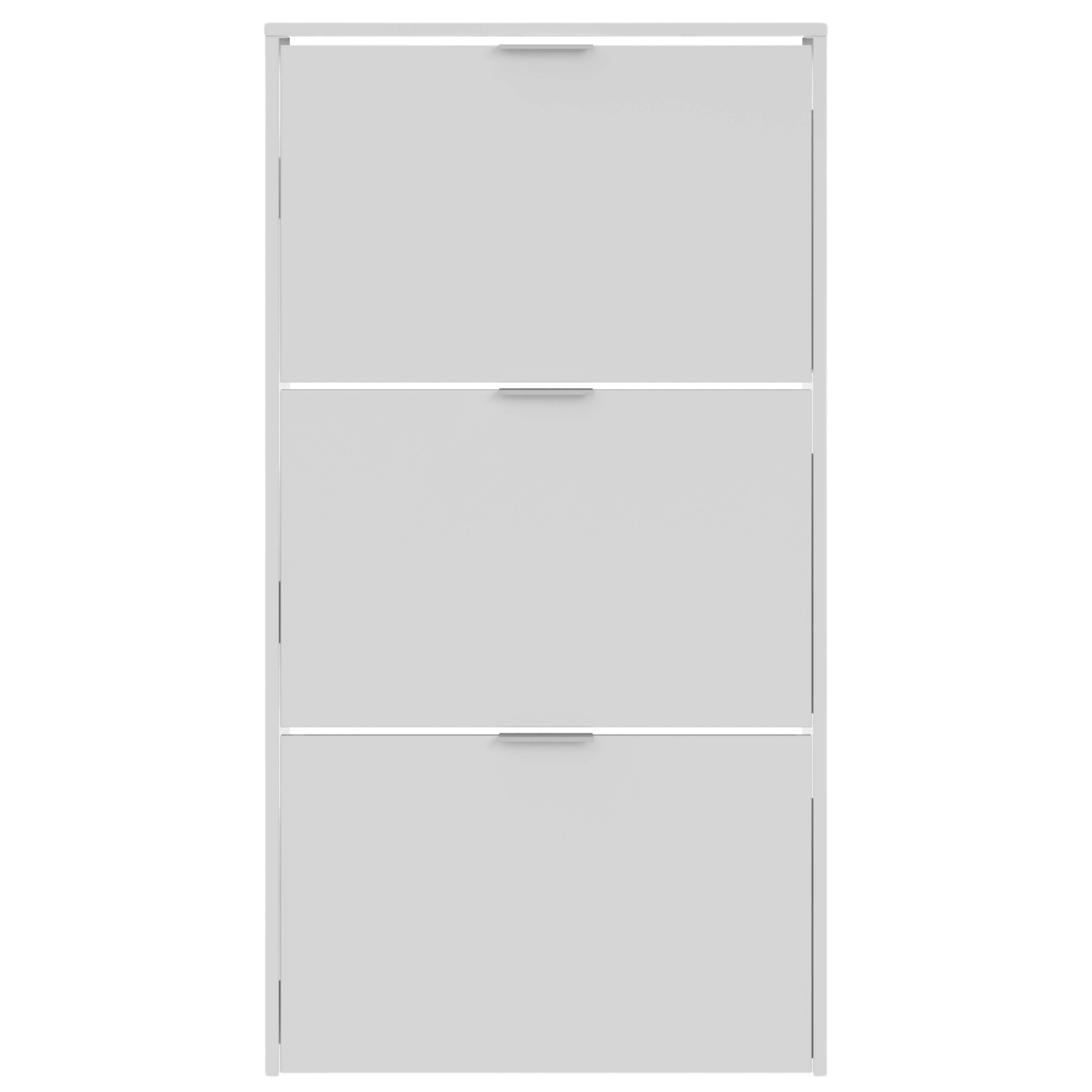 Un mueble zapatero blanco simple con tres puertas abatibles y tiradores plateados.