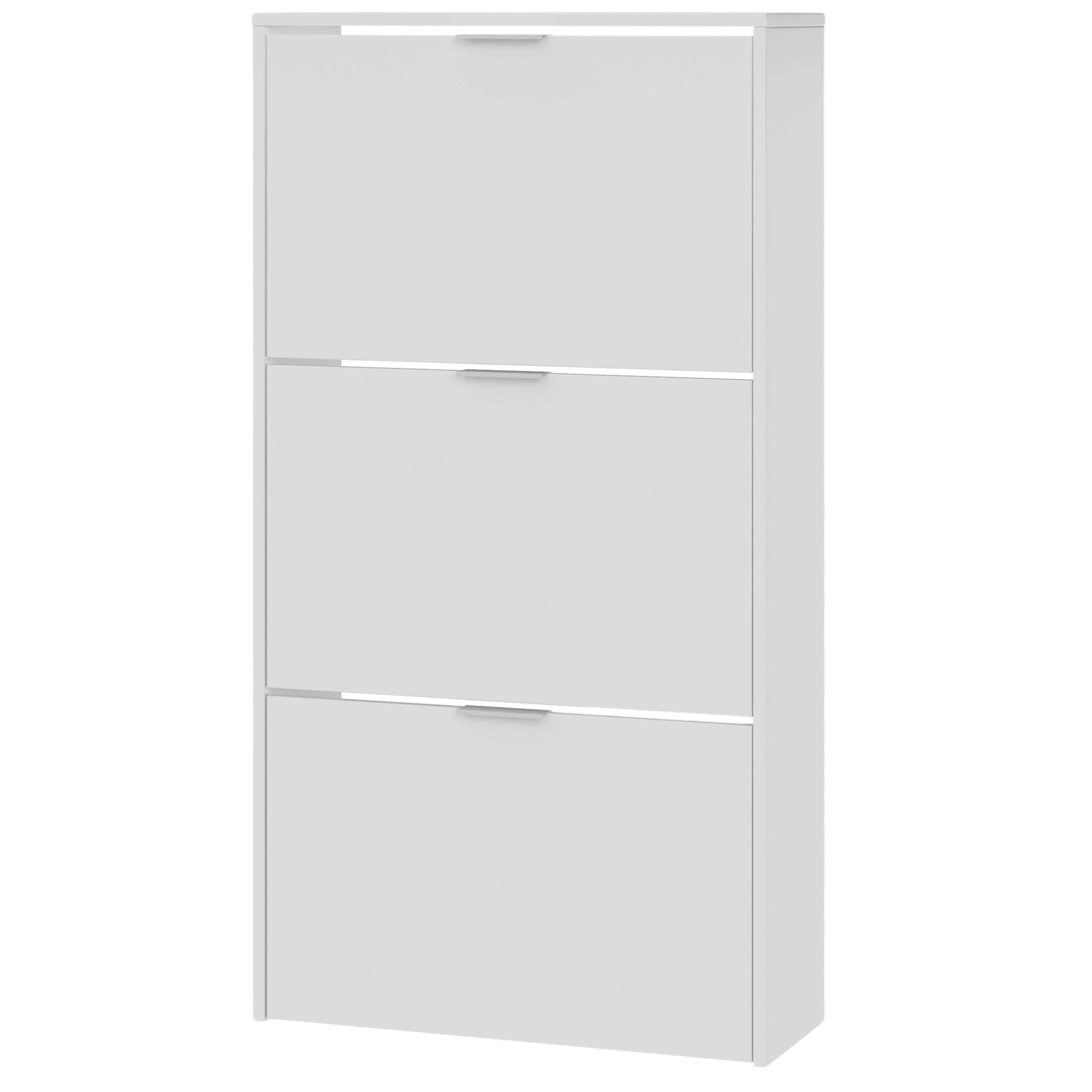 Un zapatero blanco con tres puertas abatibles y tiradores finos.