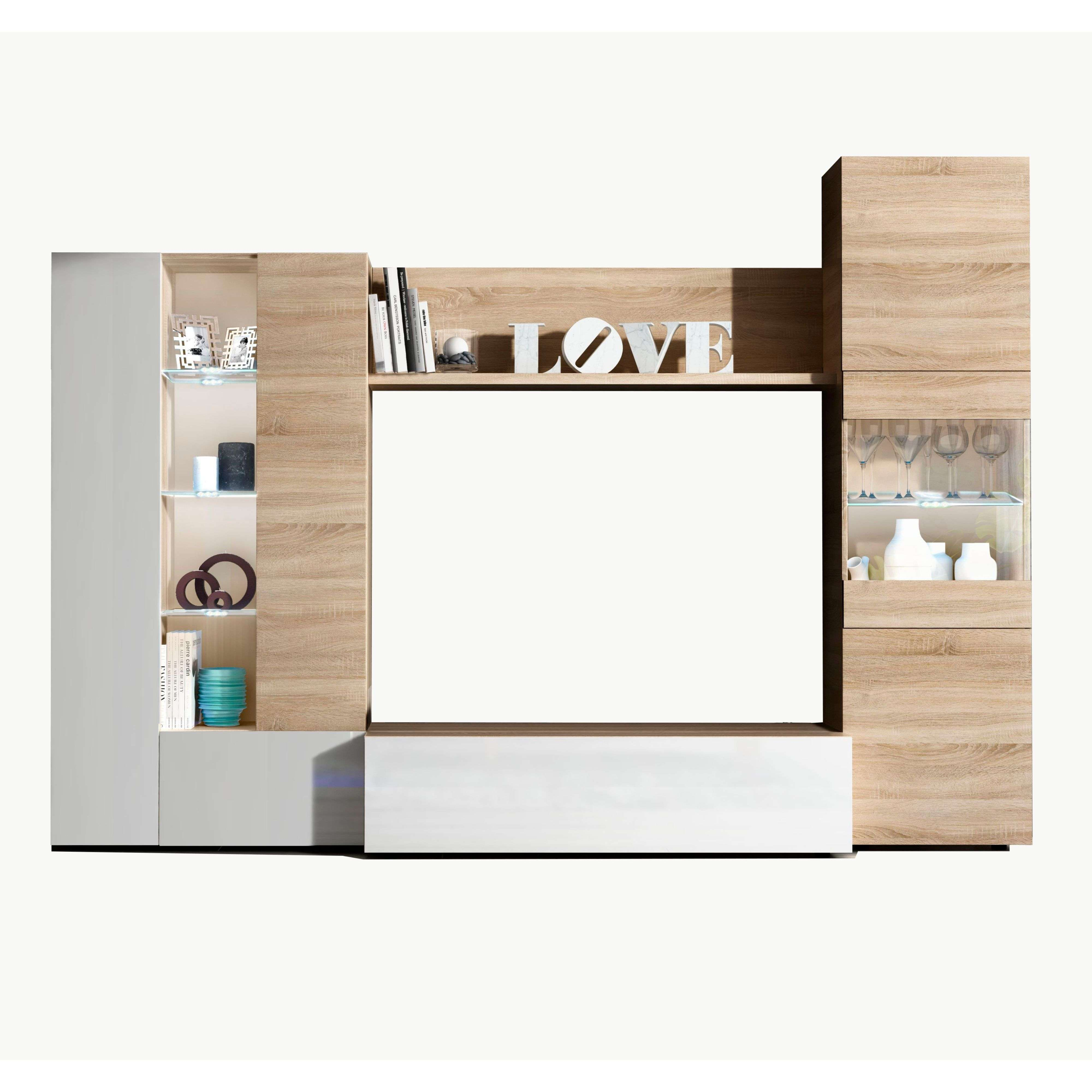 Un mueble de salón moderno con elementos de madera y blancos y decoración.