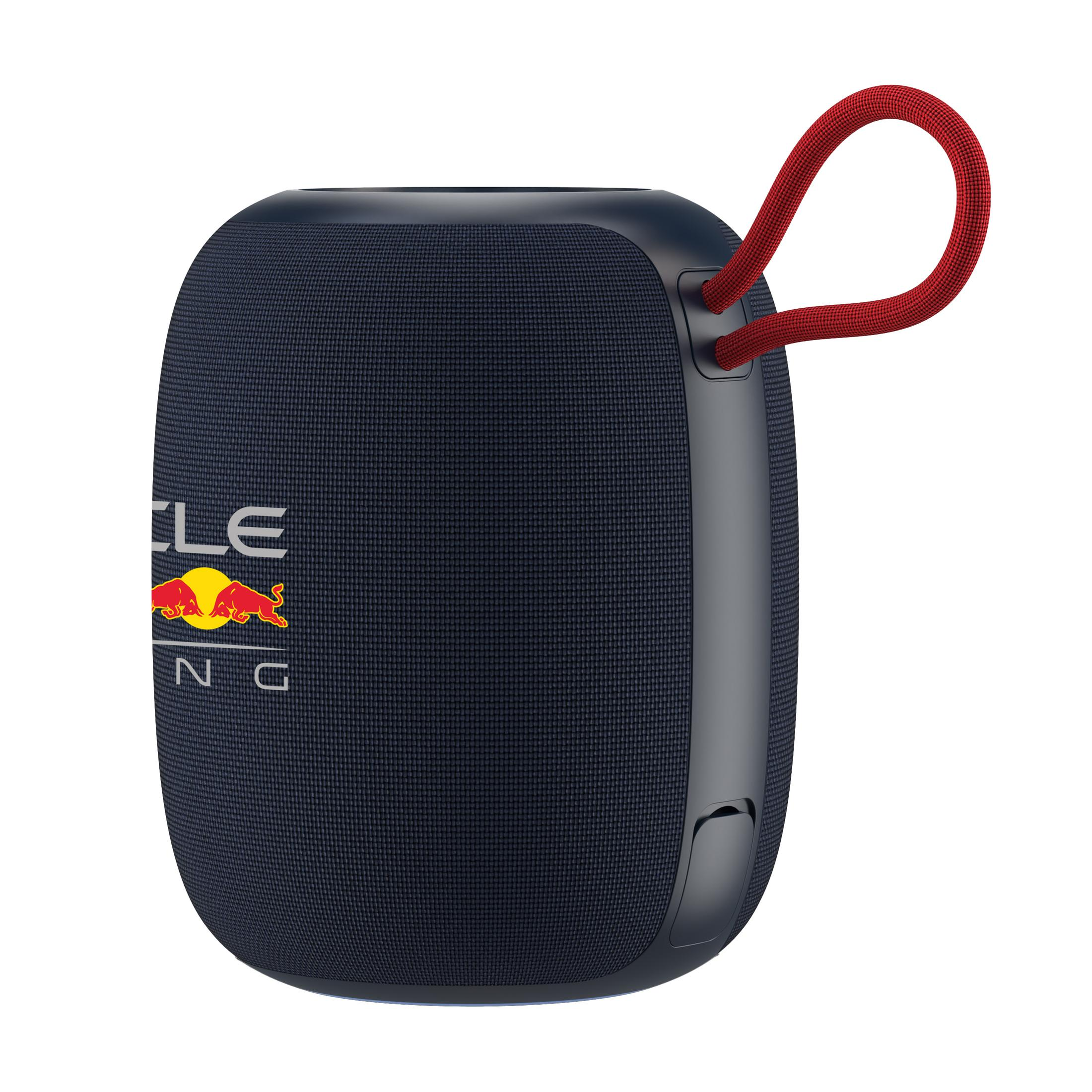 Dunkelblaue Lautsprecherbox mit rotem Trageband und Red Bull Racing Logo.