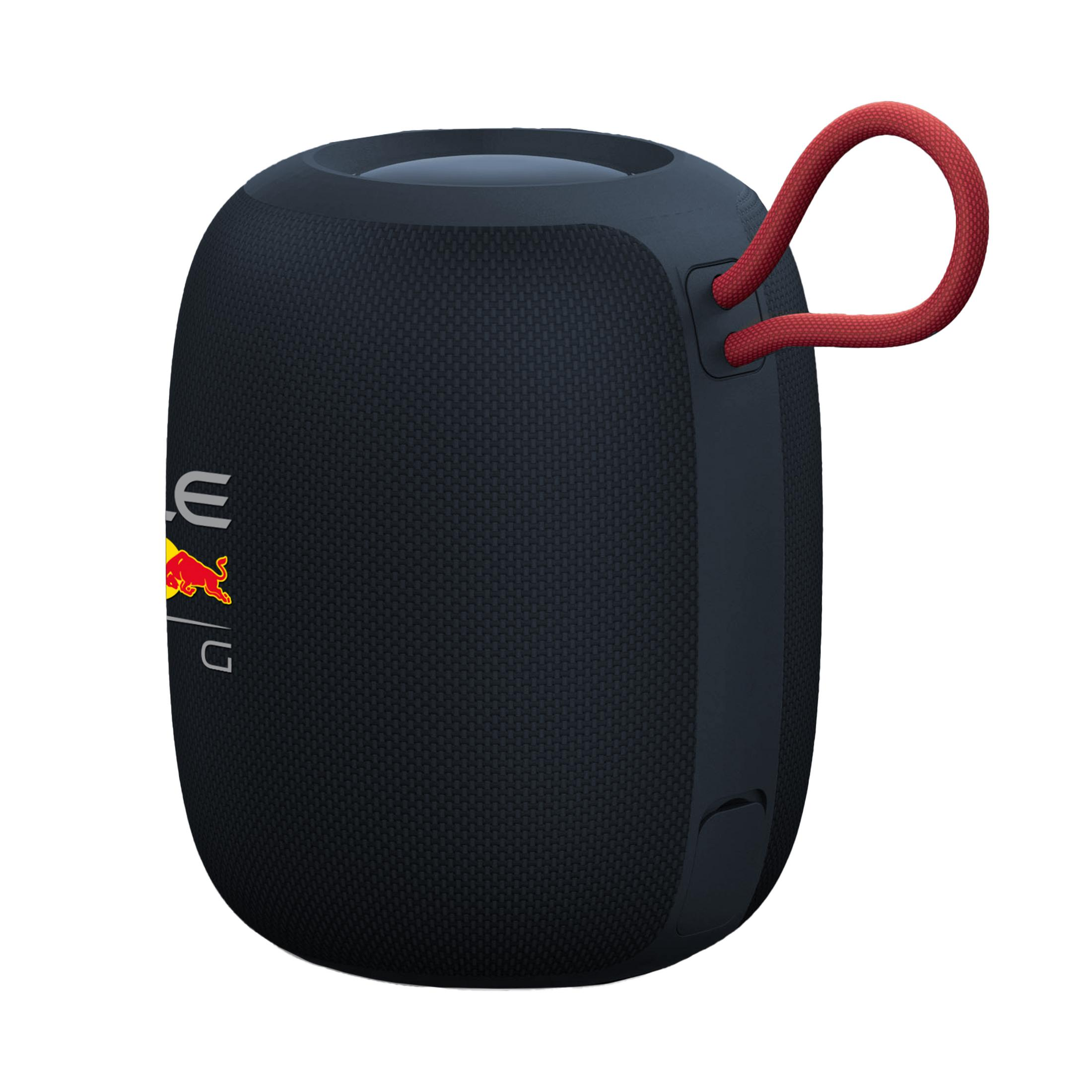 Schwarzer Lautsprecher mit roter Schlaufe und Red Bull Logo.