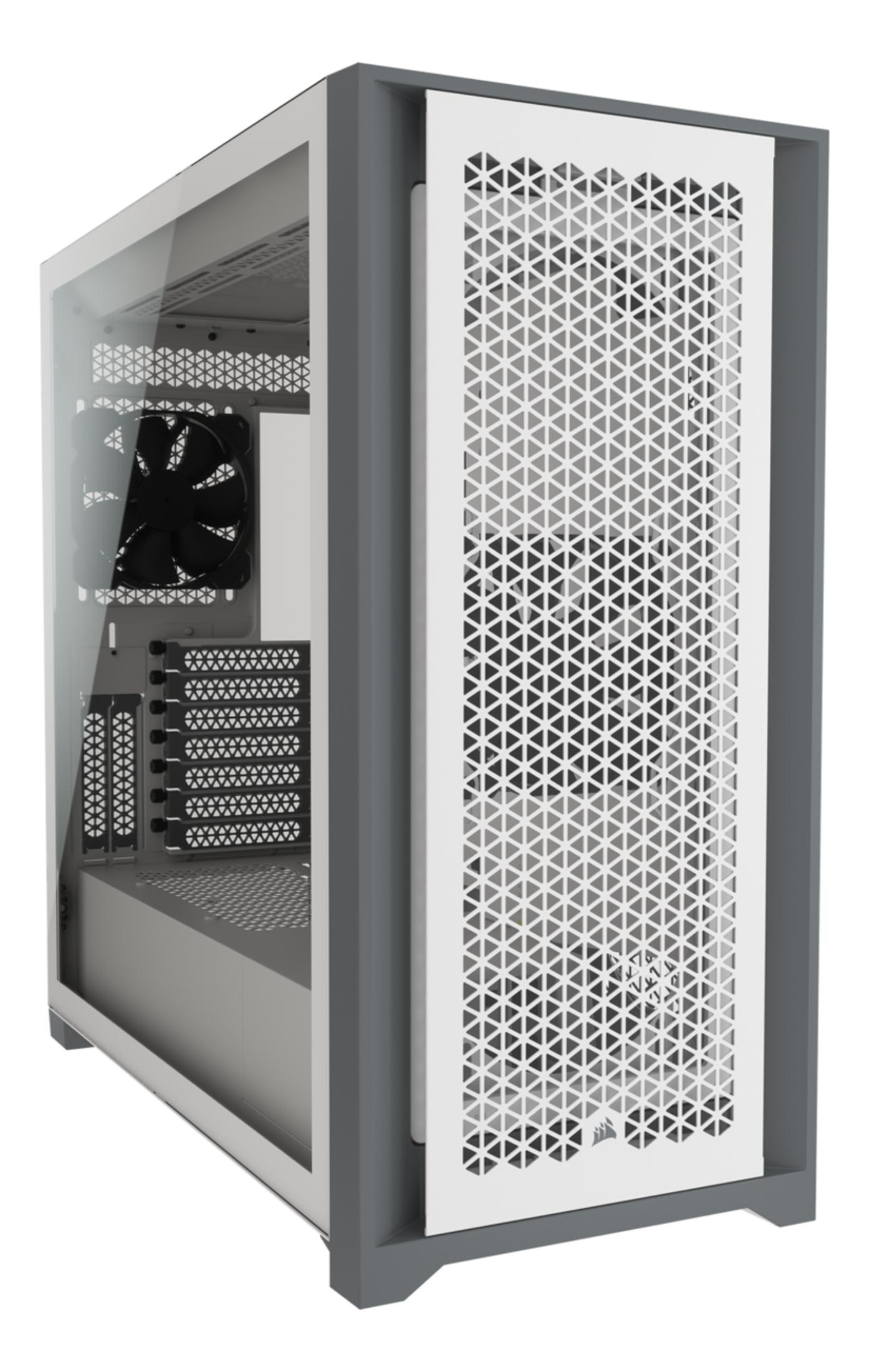 Szara obudowa komputera z szklanym panelem bocznym i białym panelem przednim z wzorem trójkątów.
