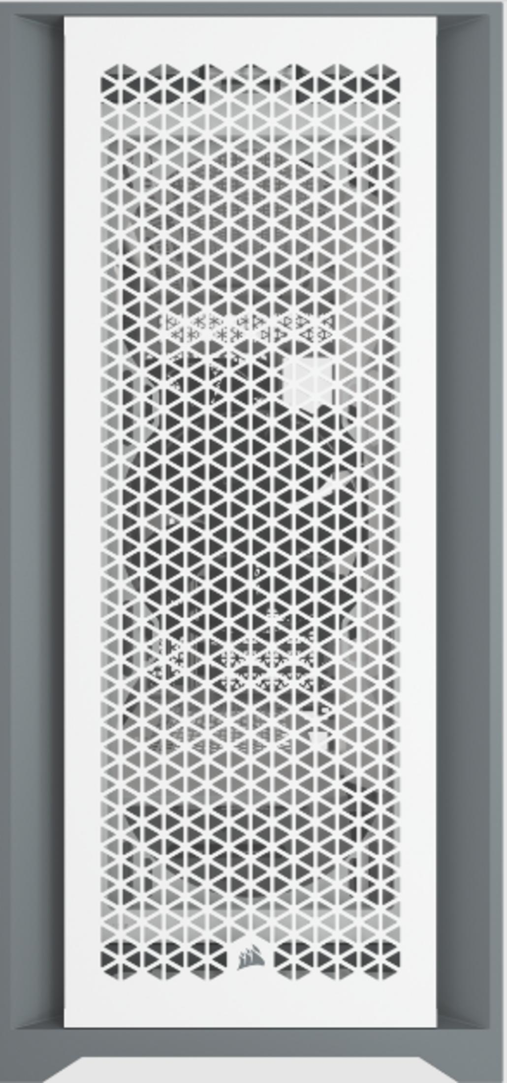 Biała obudowa komputera z wzorem trójkątnych otworów.