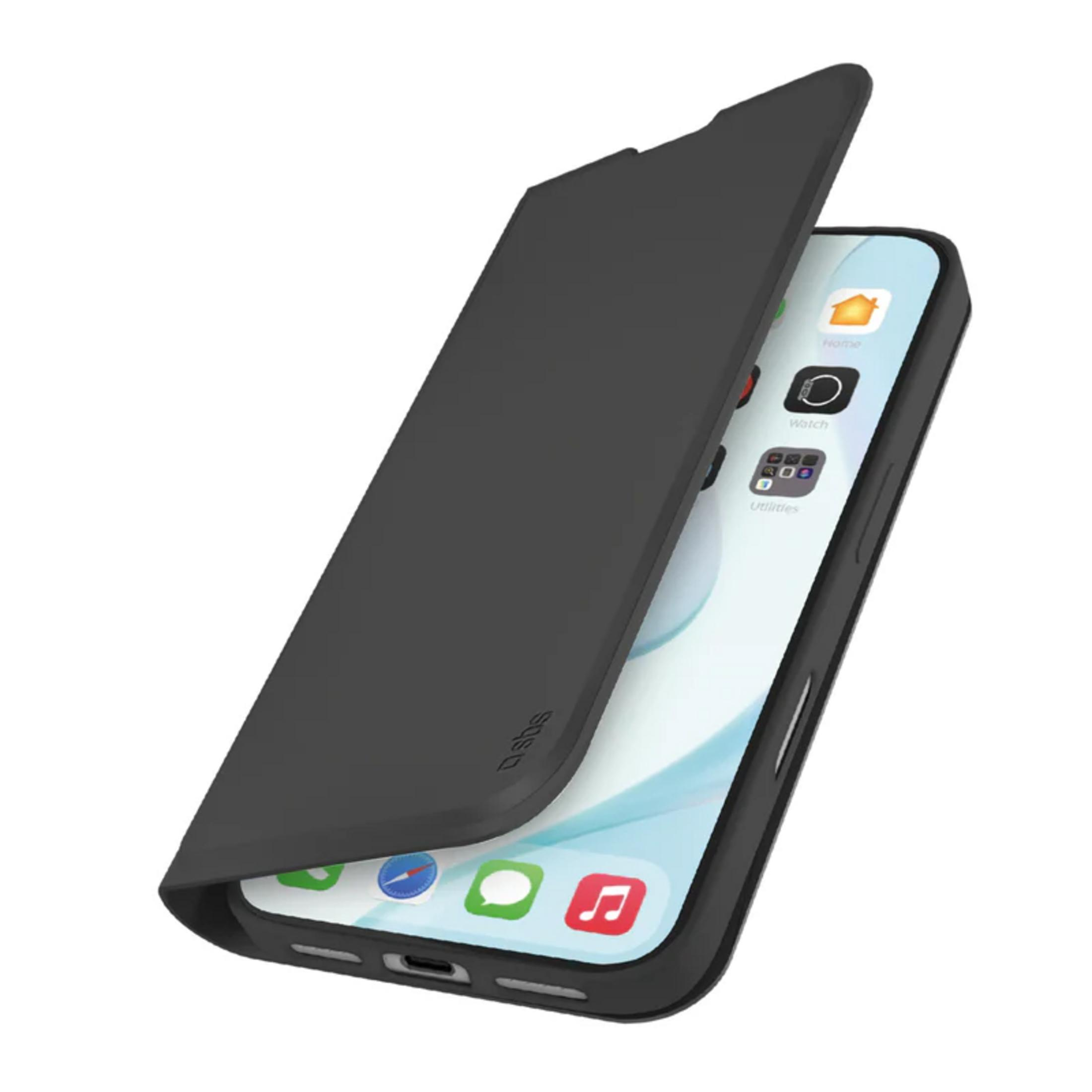 Ein schwarzes Smartphone mit einer halb geöffneten Hülle, das eine App-Oberfläche zeigt.
