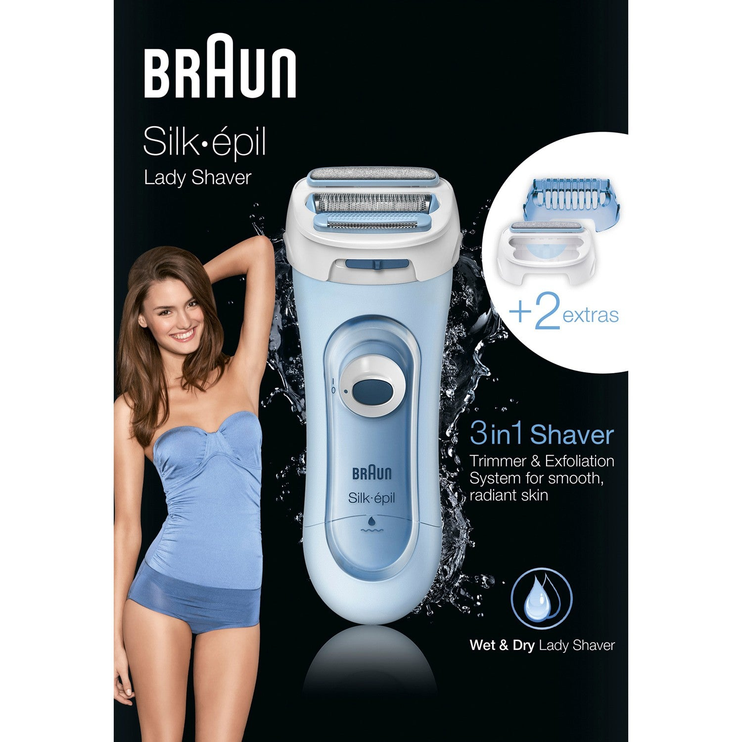Een vrouw in blauw ondergoed naast een blauwe Braun Silk-épil Lady Shaver.
