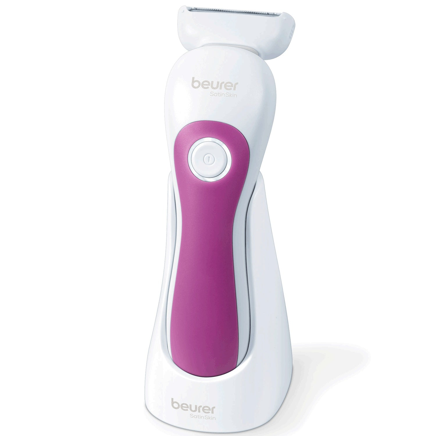 White and purple electric shaver on a stand. The brand name 'beurer' is visible.