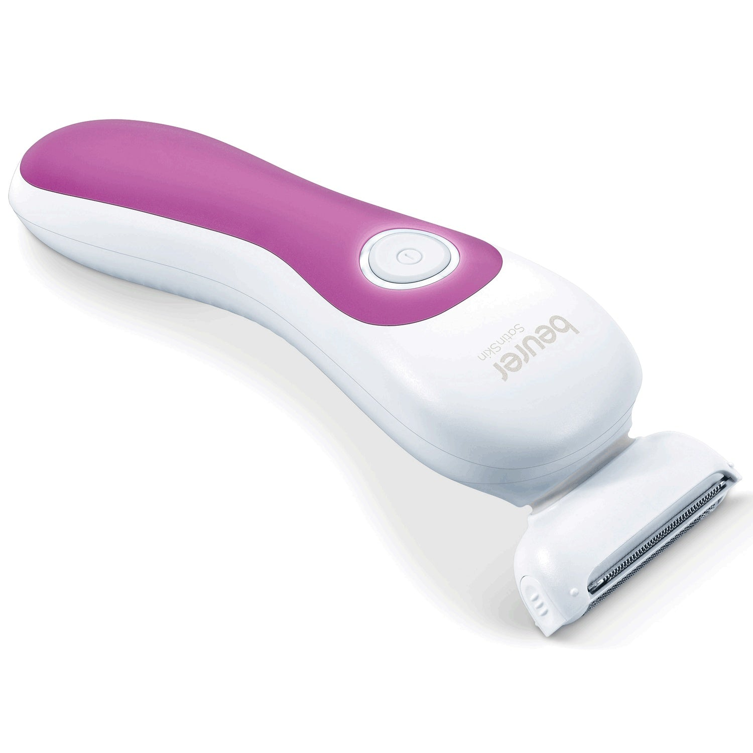 A white and purple electric shaver with a shaving head.