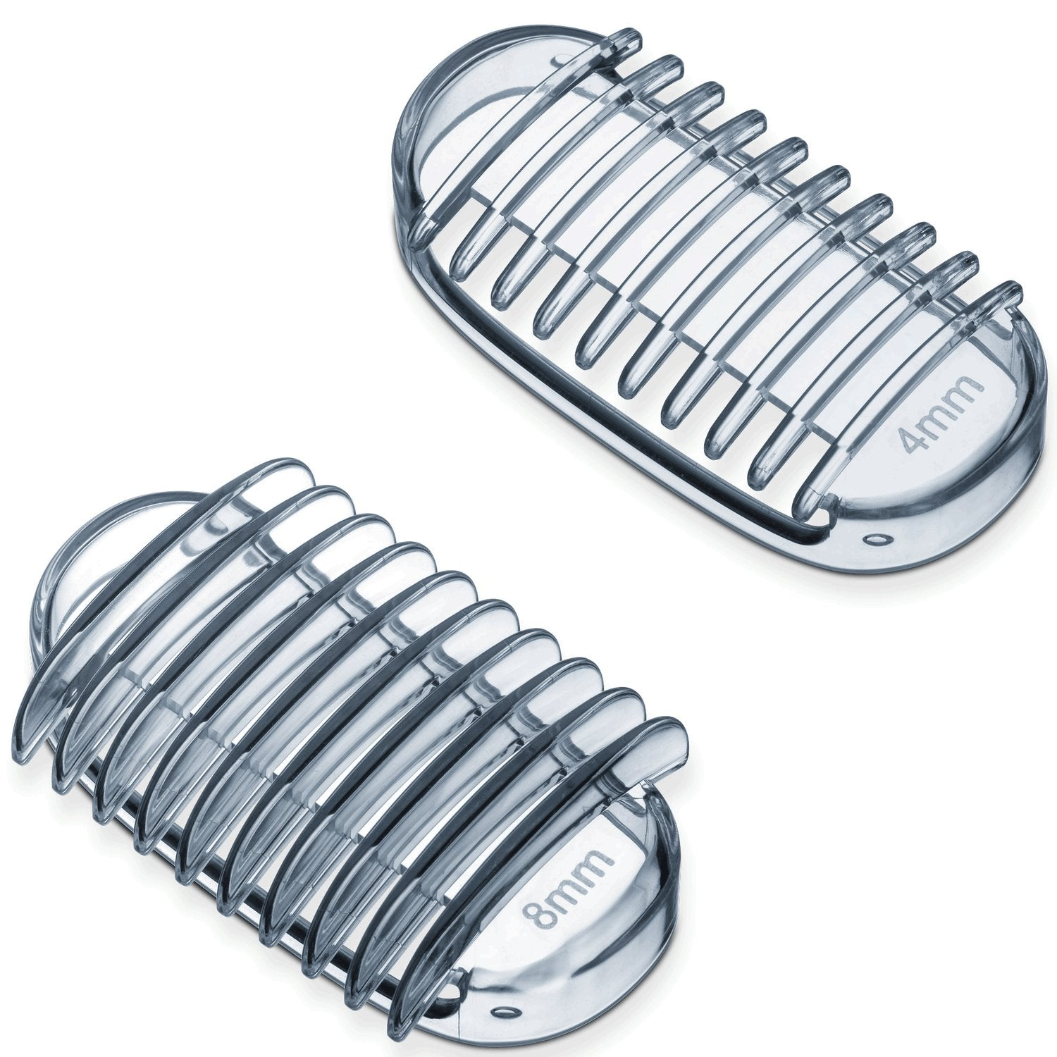 Two transparent hair clipper guards, 4mm and 8mm, on a white background.