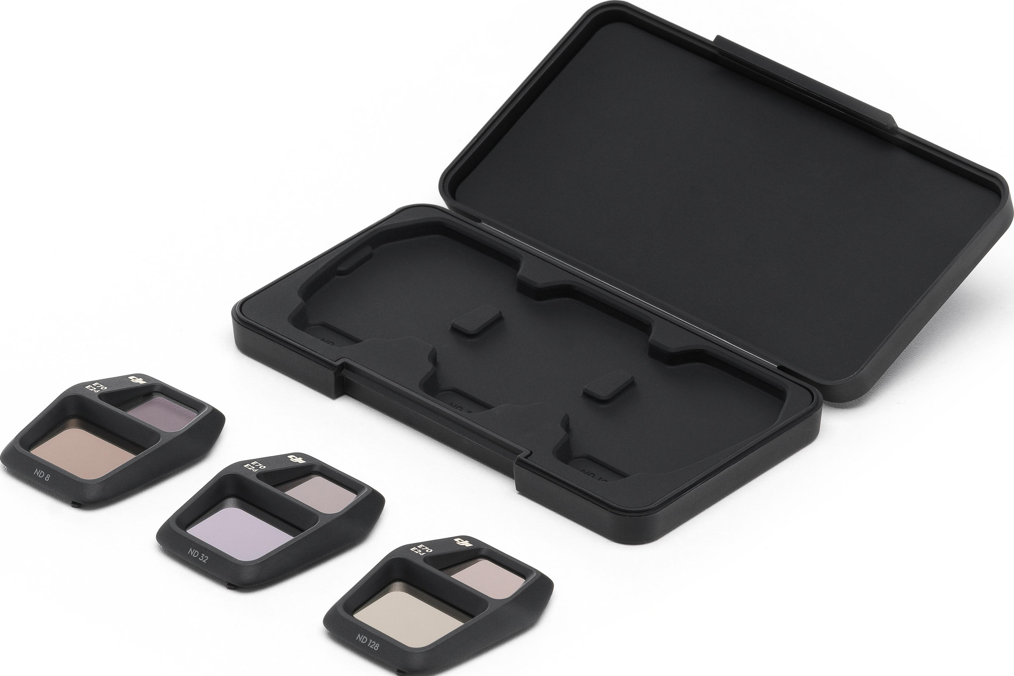 Drei schwarze Objektivfilter mit Beschriftungen ND 8, ND 32, ND 128 und eine schwarze Aufbewahrungsbox.