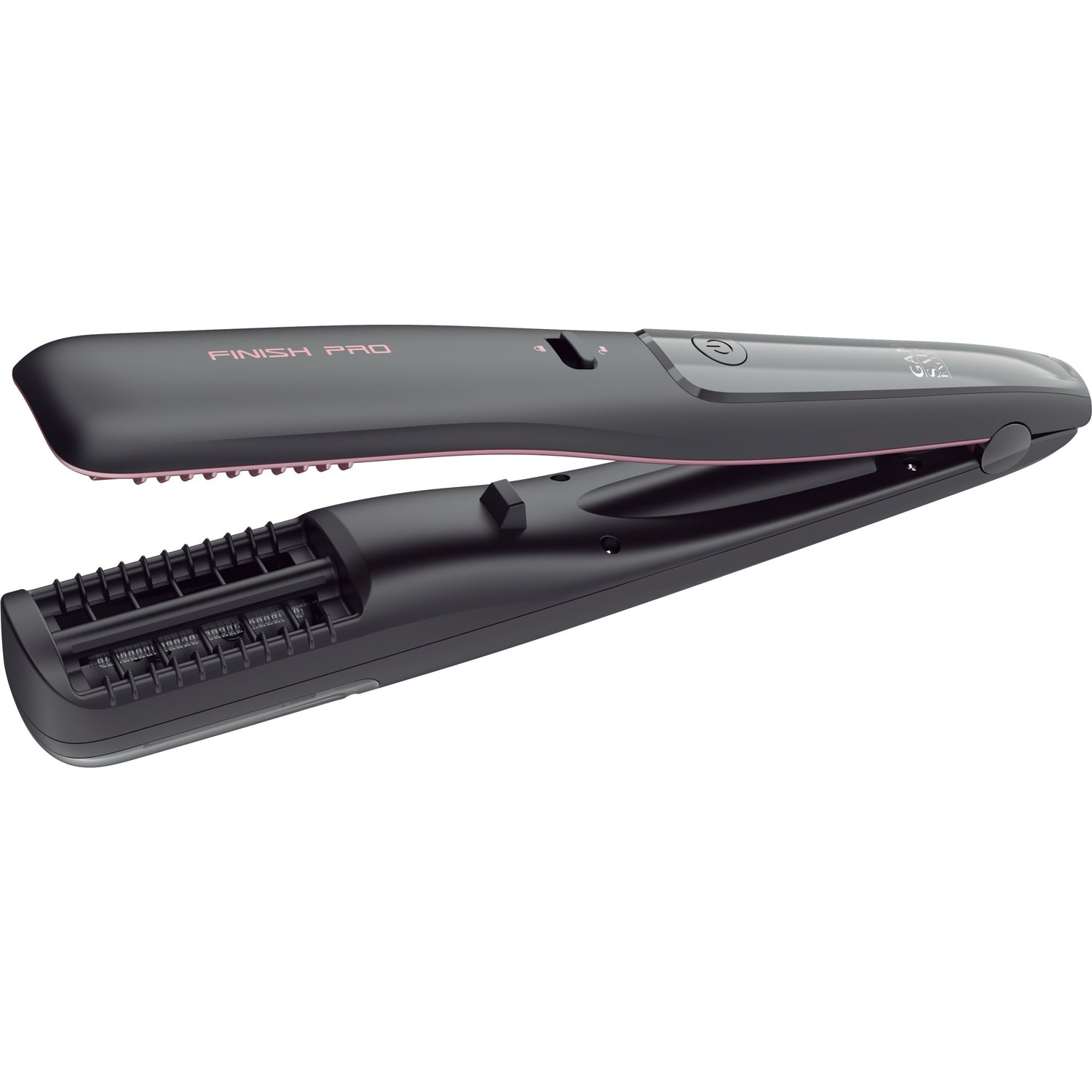 A black hair straightener with pink accents and the text "FINISH PRO".