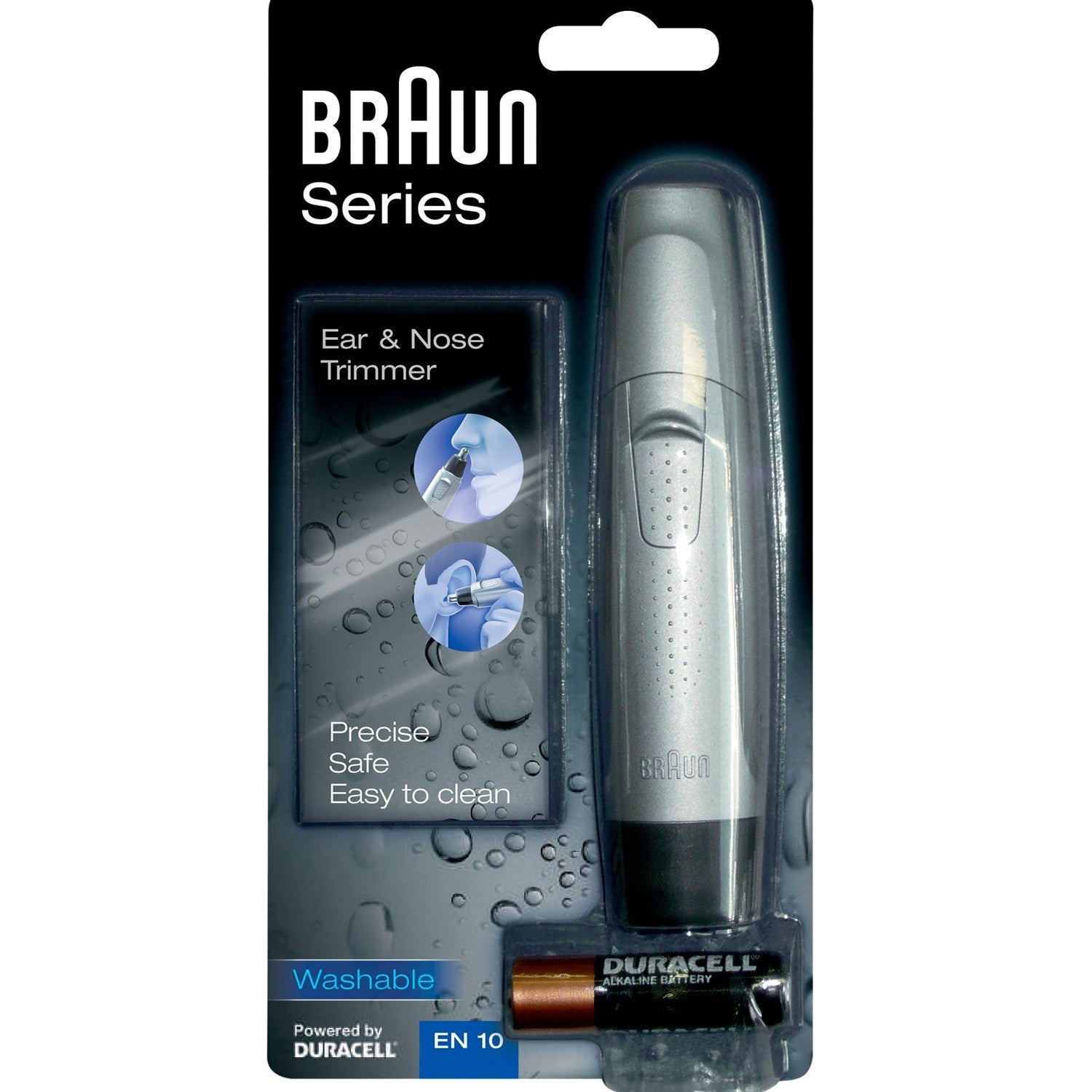 Een zilverkleurige Braun oor- en neustrimmer met een Duracell batterij.