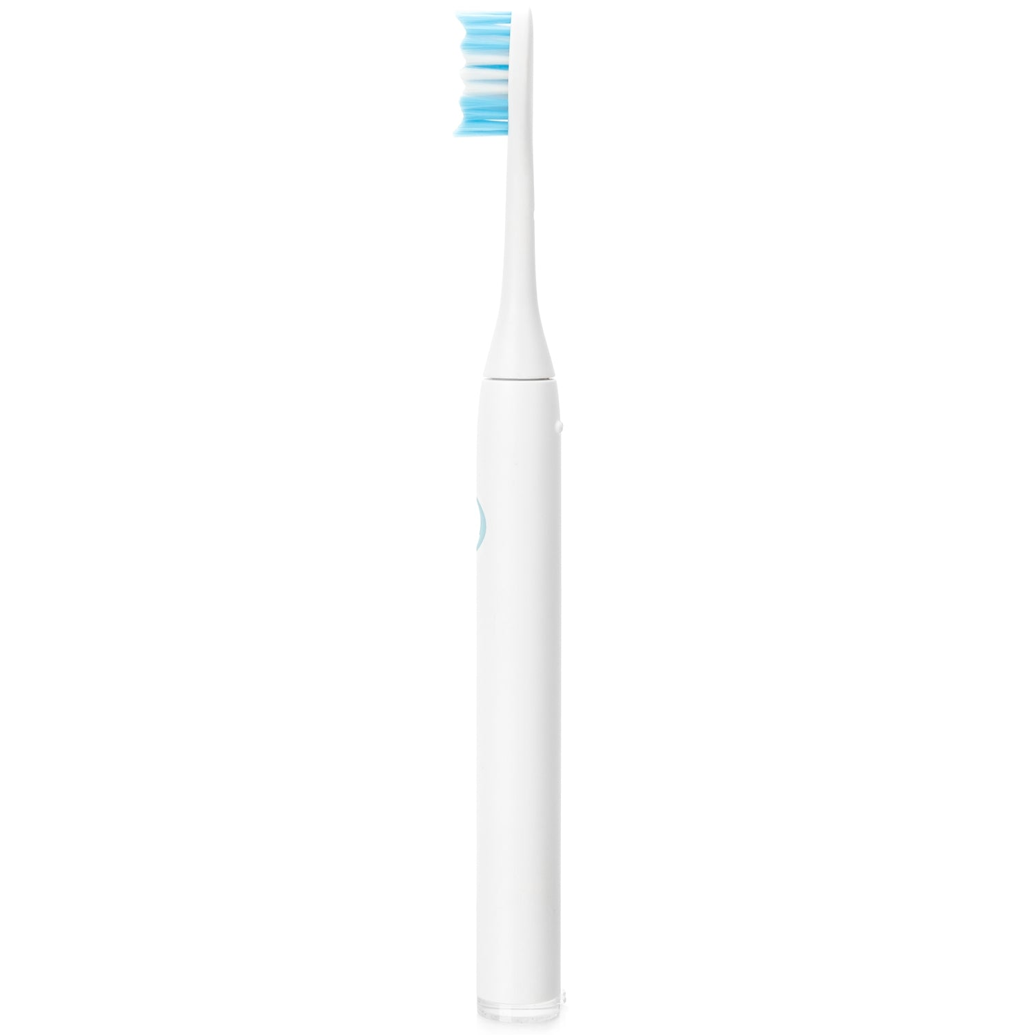Uno spazzolino elettrico bianco con setole blu su sfondo bianco.