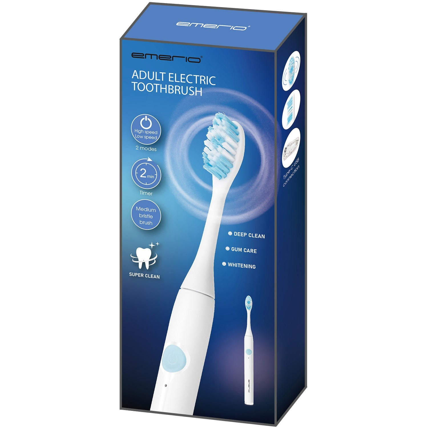Confezione di spazzolino elettrico Emerio con setole blu e informazioni.