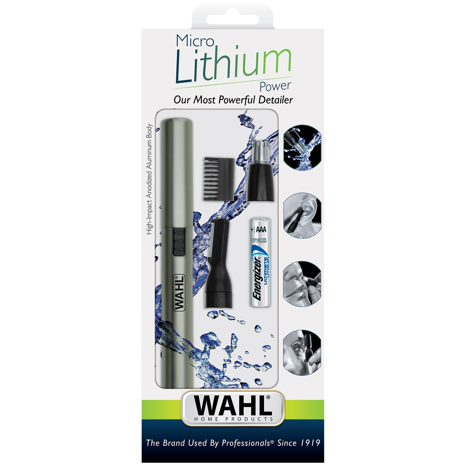 Wahl detailer verpakking met trimmer, opzetstukken, batterij en gebruiksafbeeldingen.