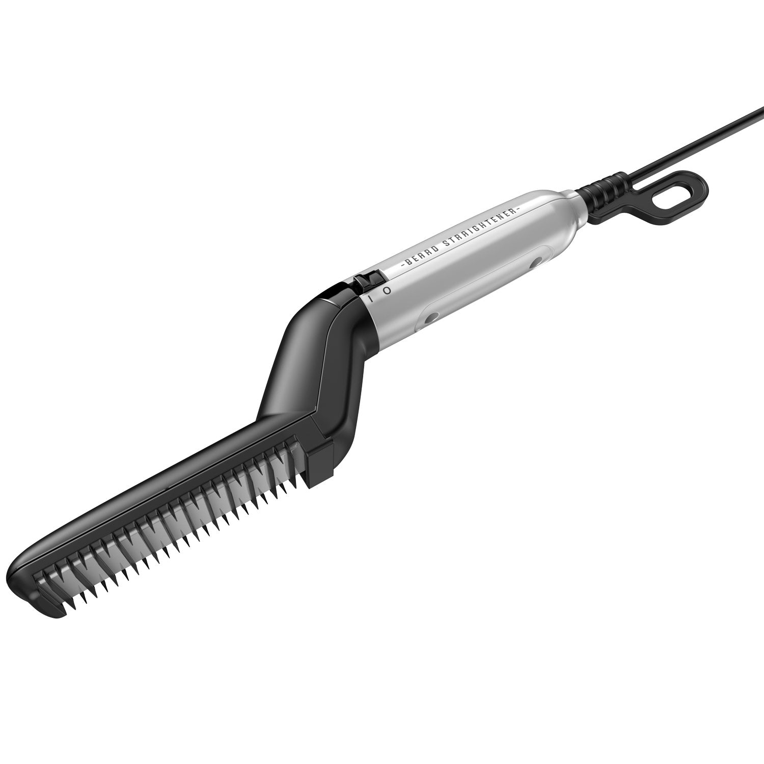Silver beard straightener with black handle and comb attachment.