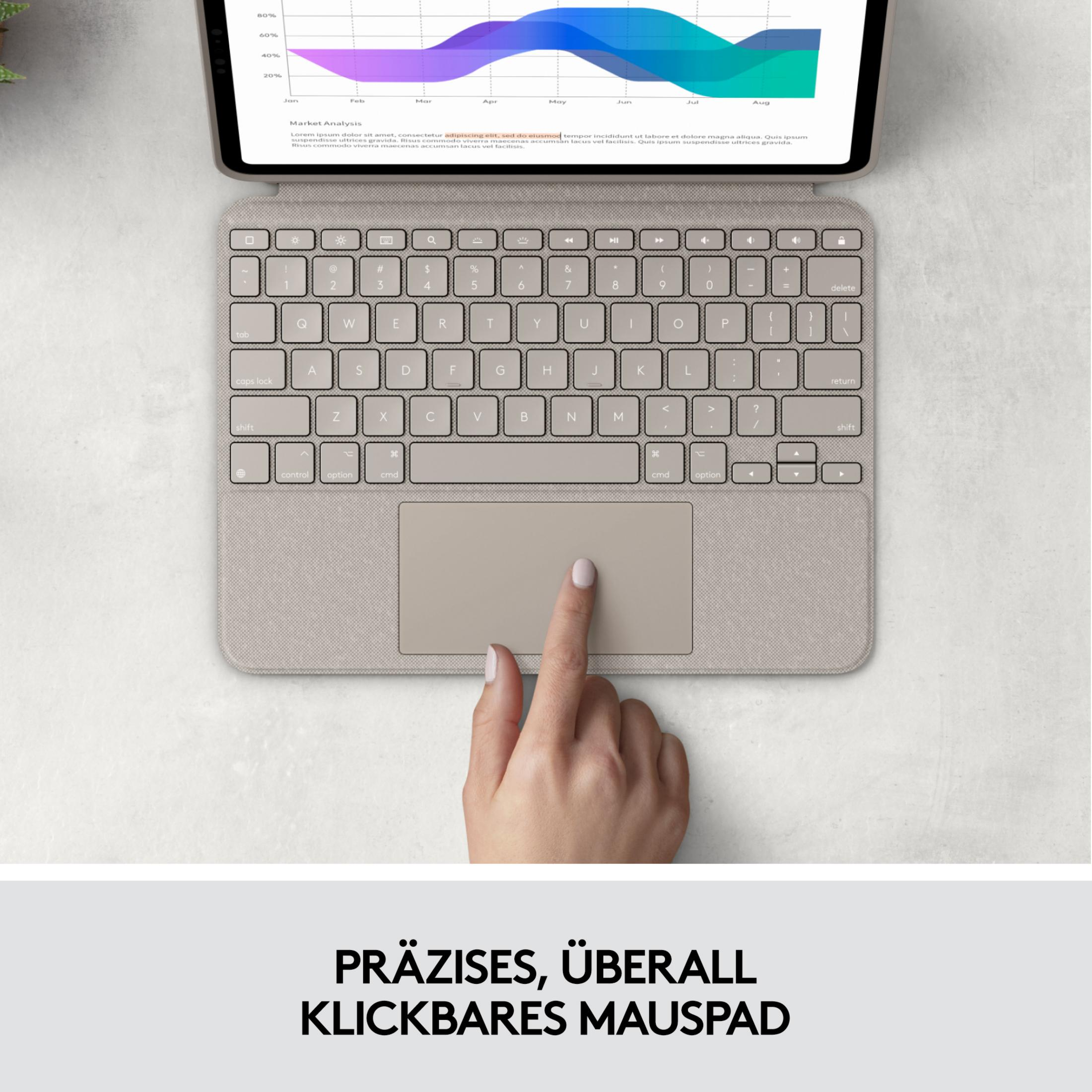 Eine Hand berührt das Touchpad eines Laptops mit einer Tastatur und einem Diagramm.