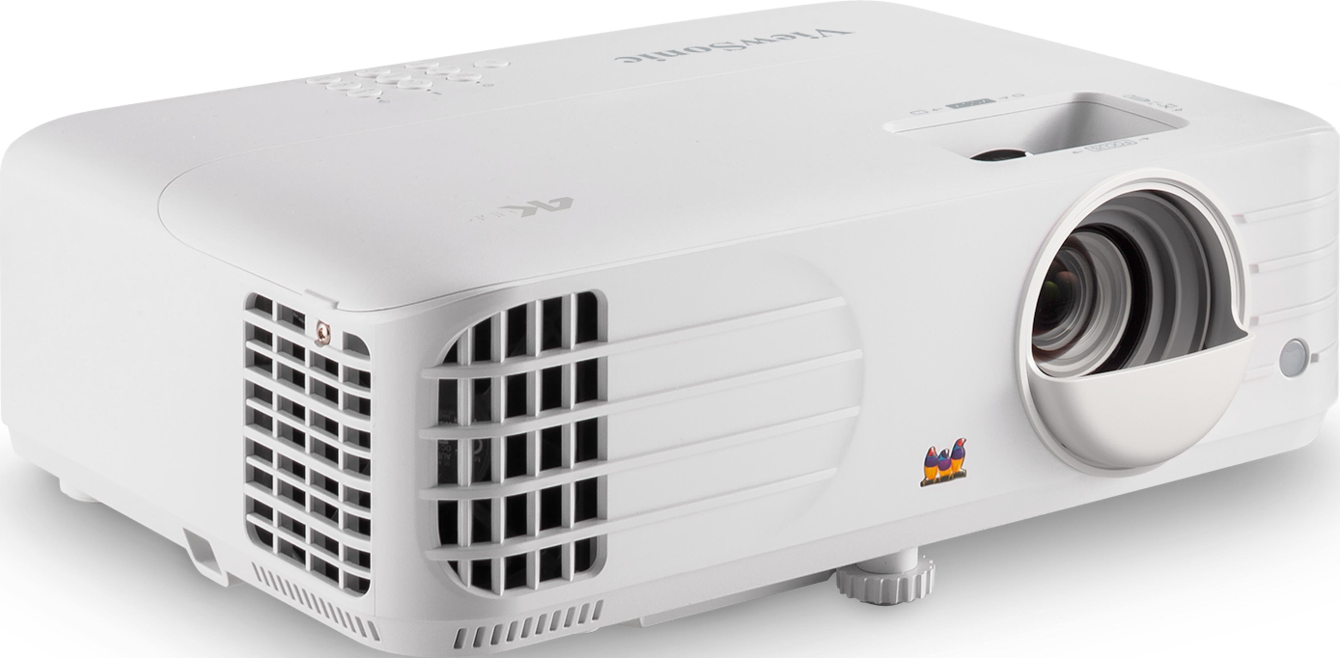 Un proyector blanco con lente, rejillas de ventilación y logo de pájaro.