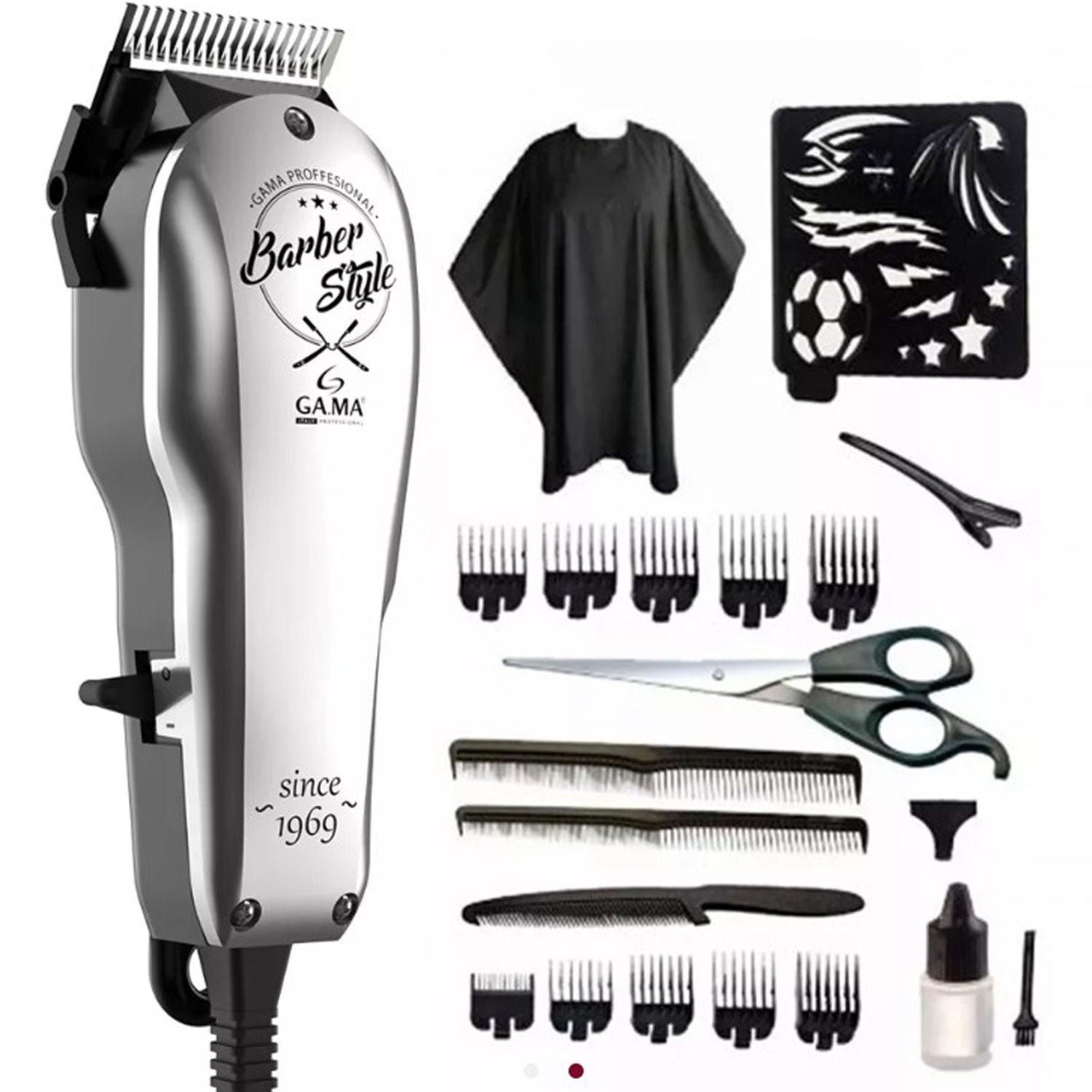 Silver hair clipper with accessories: cape, stencils, combs, scissors, oil.