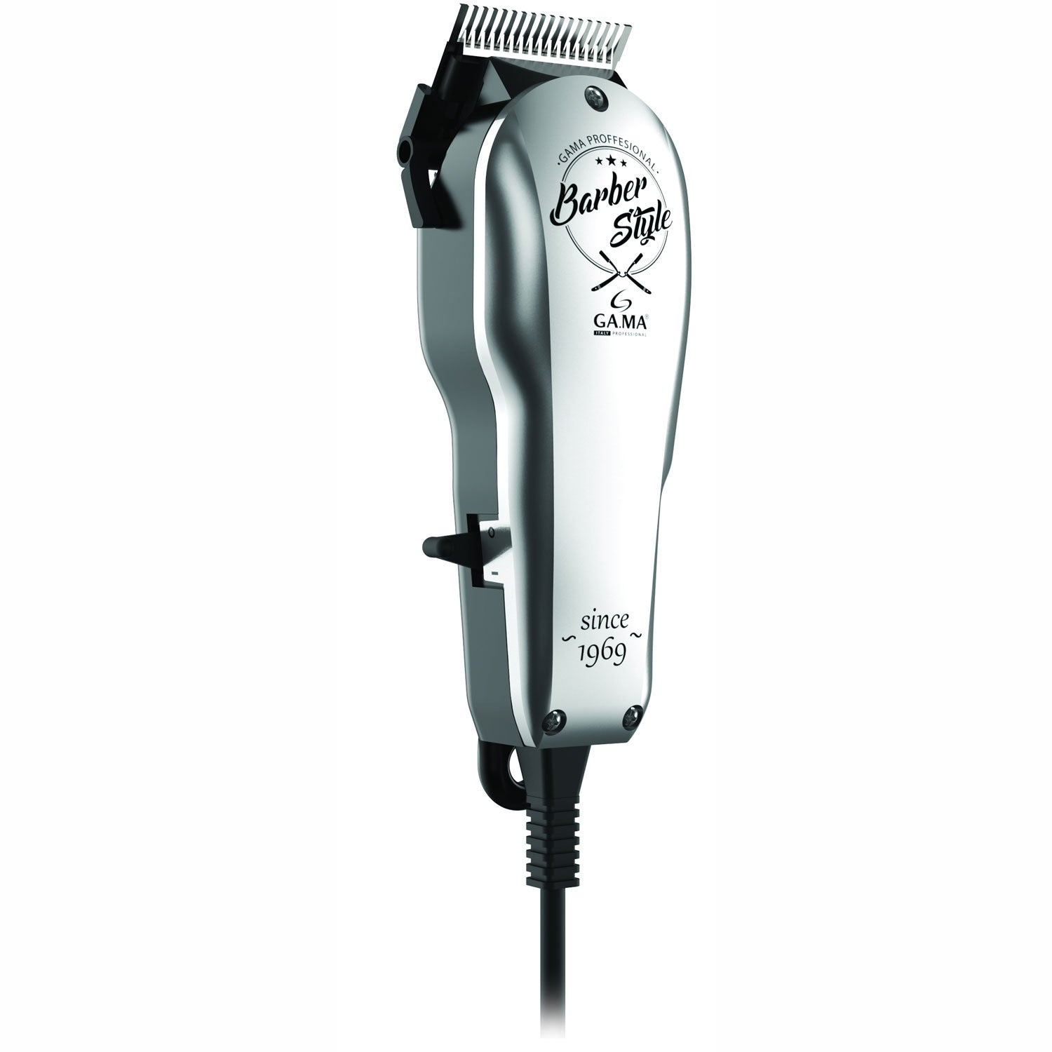 Silver hair clipper with black cord and blade.