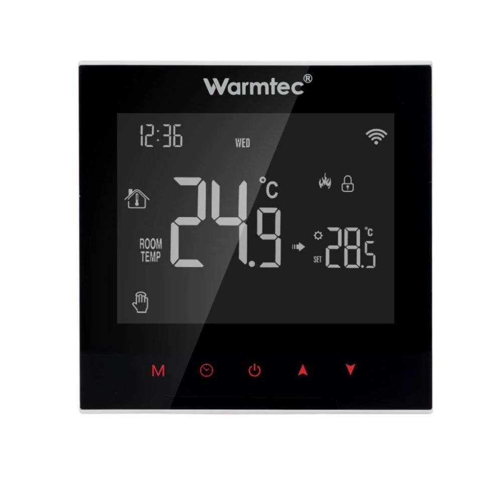 Termostat cyfrowy pokazuje 24.9C temp. pokojową i 28.5C zadaną temp.