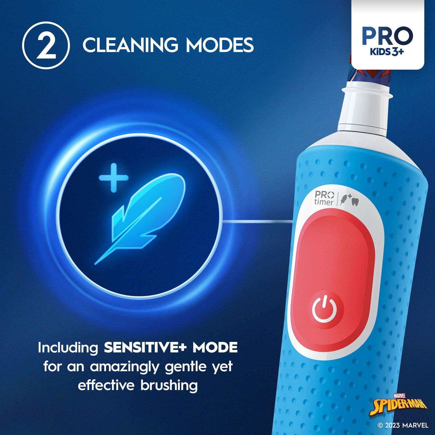 Electric toothbrush with 2 cleaning modes and Spiderman design. Shows Sensitive+ mode.
