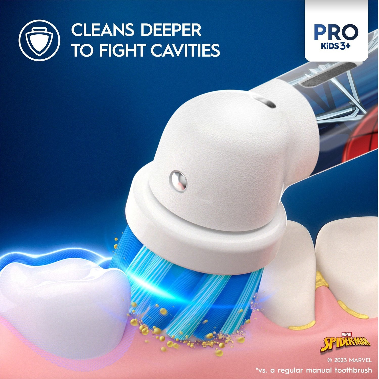 Electric toothbrush with blue bristles cleans deep for healthy teeth.